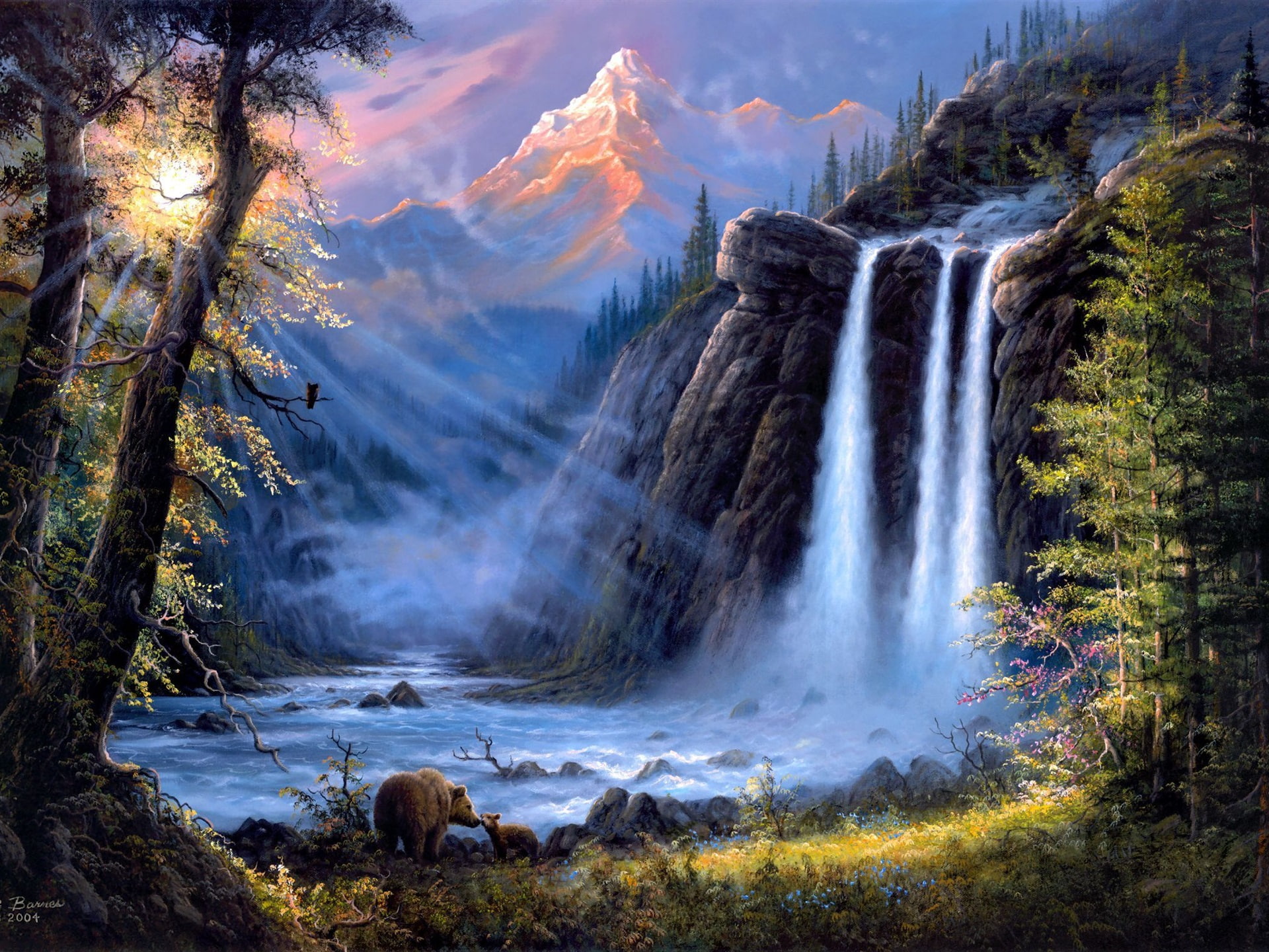 Landscape, Art, green, 1080P, Jesse, black, orange, Bears, blue, Waterfalls, Trees, artwork, Barnes, waterfall, Painting, HD Wallpaper