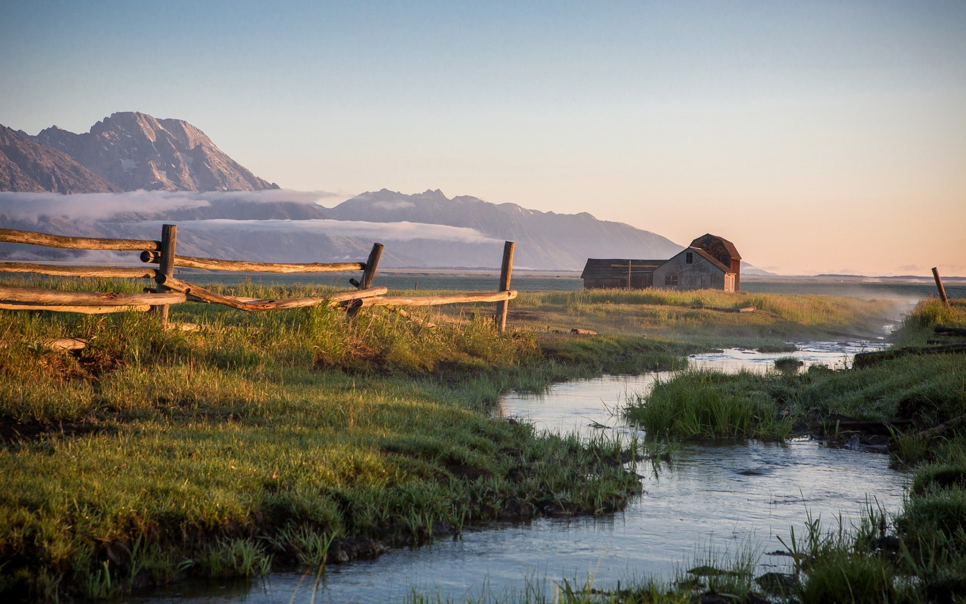 no people, outdoors, barn, tranquil scene, mountains, scenics - nature, lake, field, landscape, beauty in nature, plant, non-urban scene, grass, mountain, HD Wallpaper