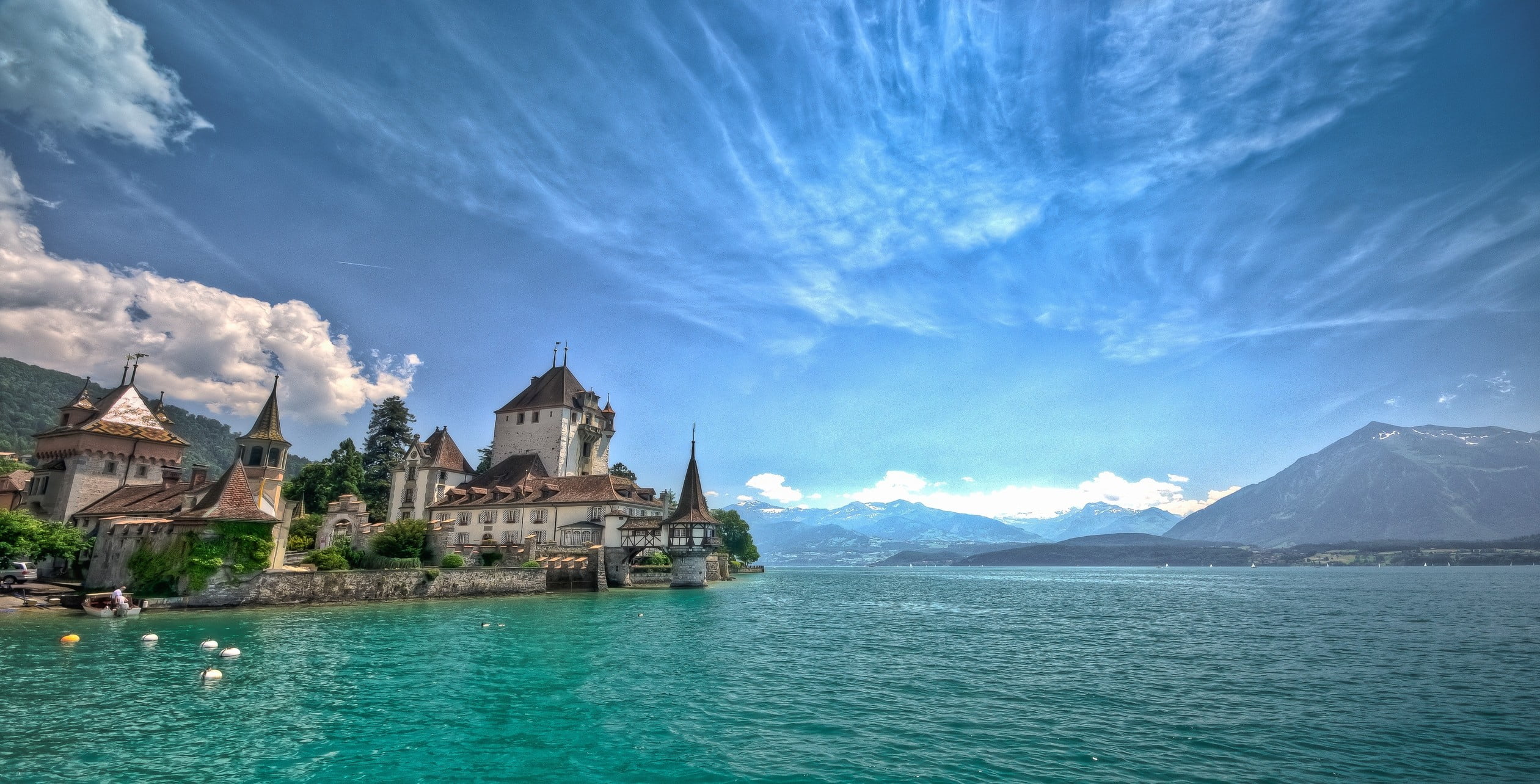 castle, travel destinations, built structure, beside, cloud - sky, water, turquoise colored, mountains, sea, clouds, lake, travel, concrete, outdoors, 1080P, HD Wallpaper