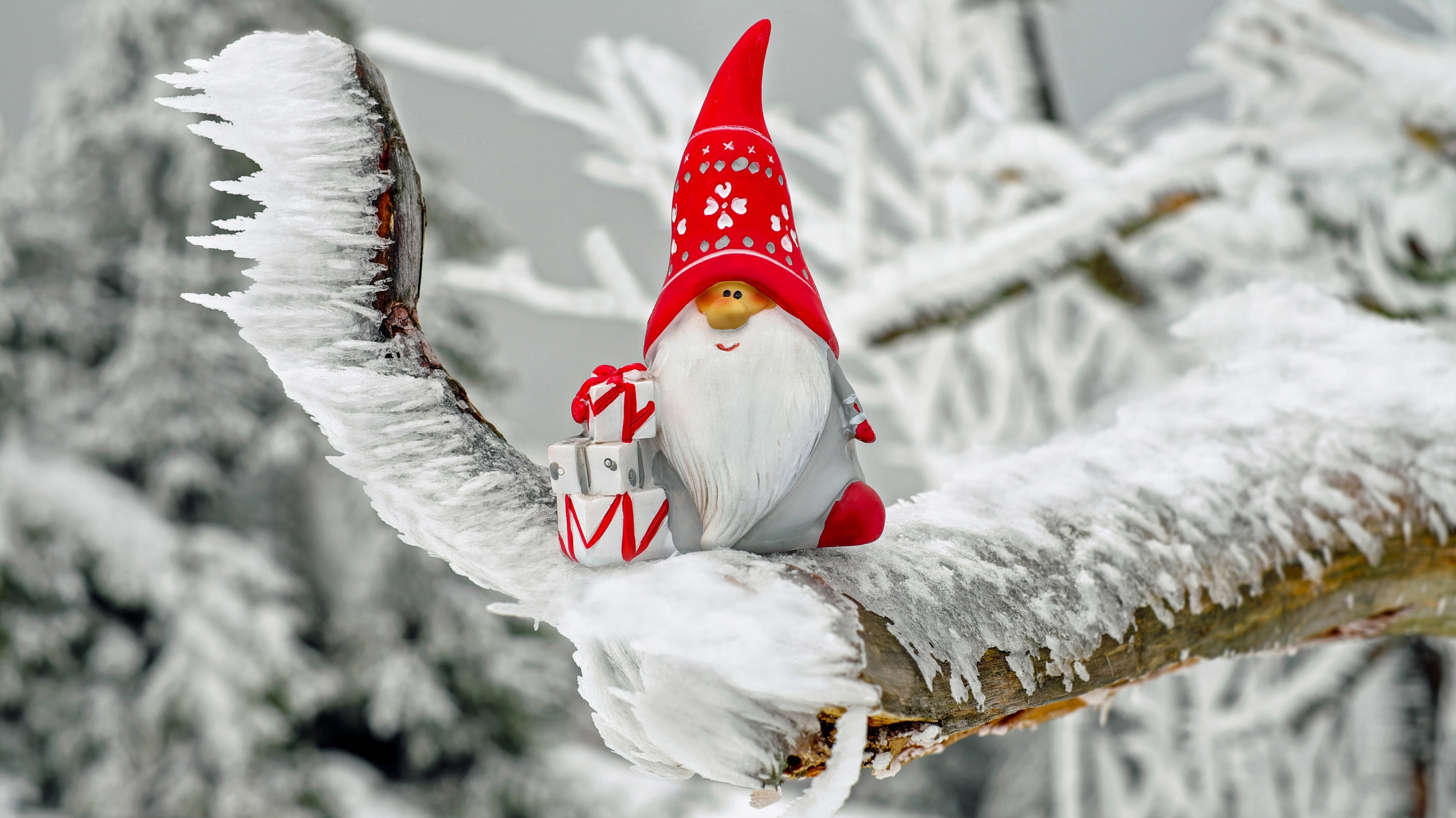 tree branch, santa claus, branch, frost, winter, cute, tree, zing, ice, figure, 4K, snow, HD Wallpaper