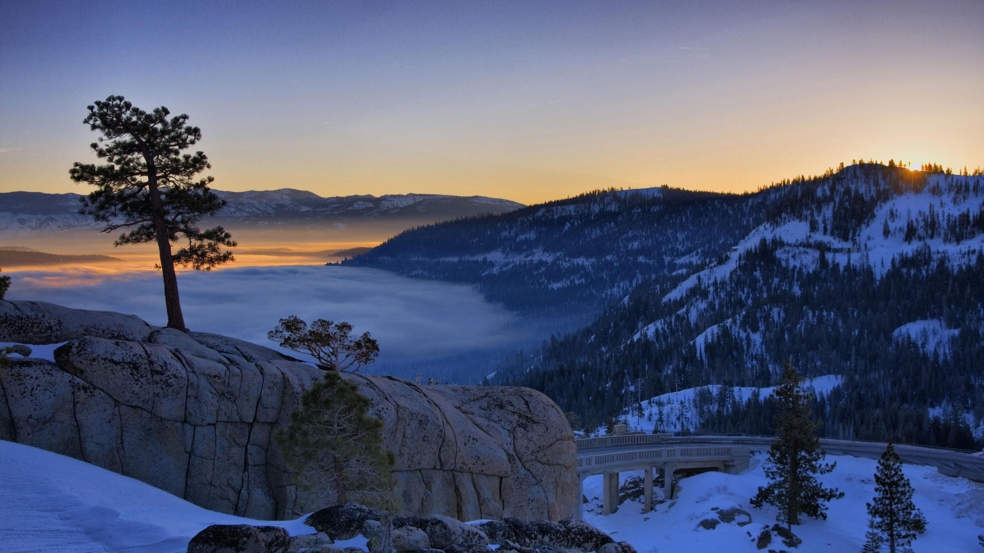 winter, morning, truckee, mountain range, united states, 1080P, rainbow bridge, zing, donner lake, mountain, snow, donner summit bridge, california, nature, HD Wallpaper