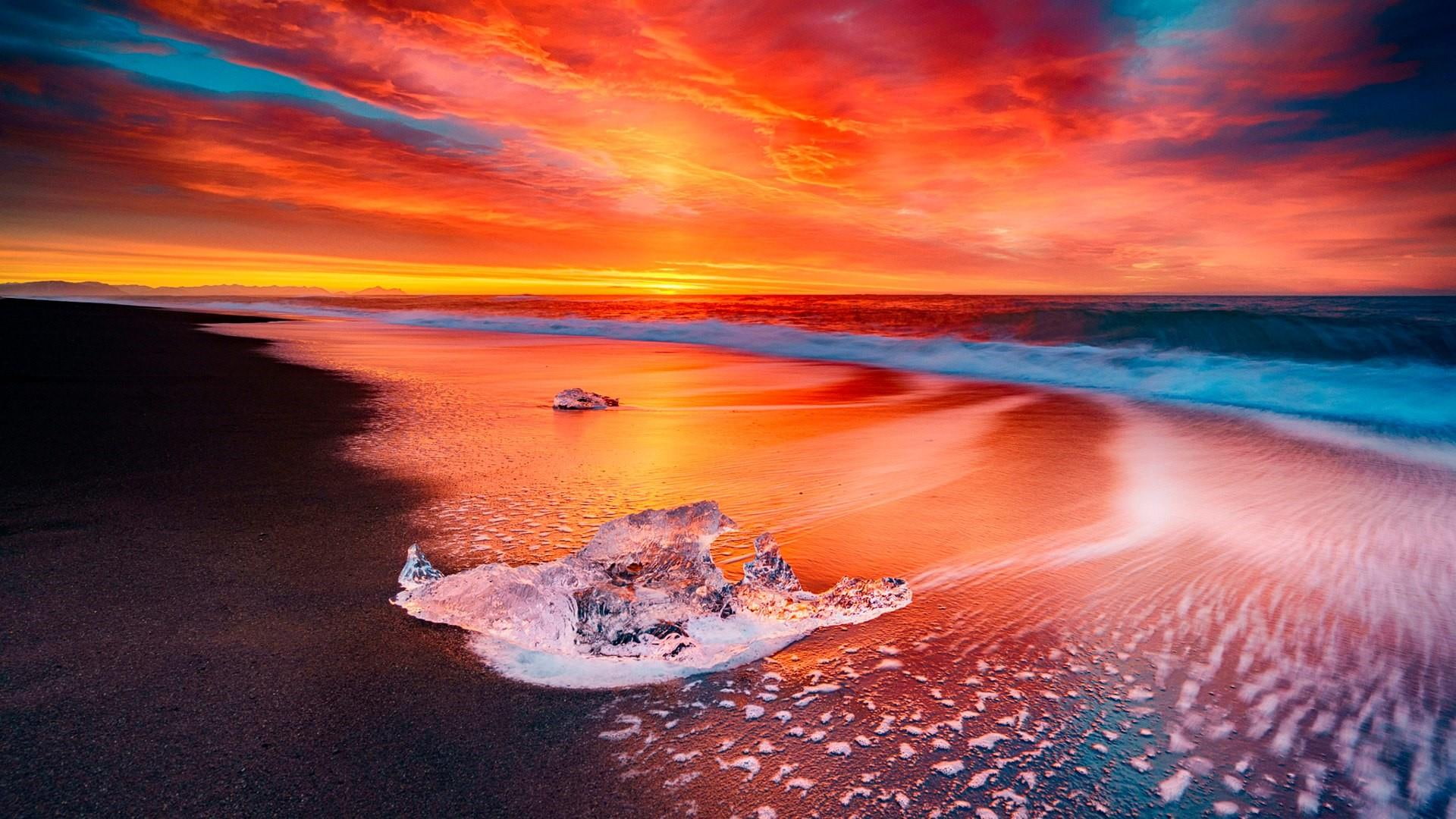 beach, wave, sand, sea, cold, frost, iceland, 1080P, red sky, horizon, calm, frosty, ocean, water, freezing, ice, sunset, sky, orange sky, HD Wallpaper