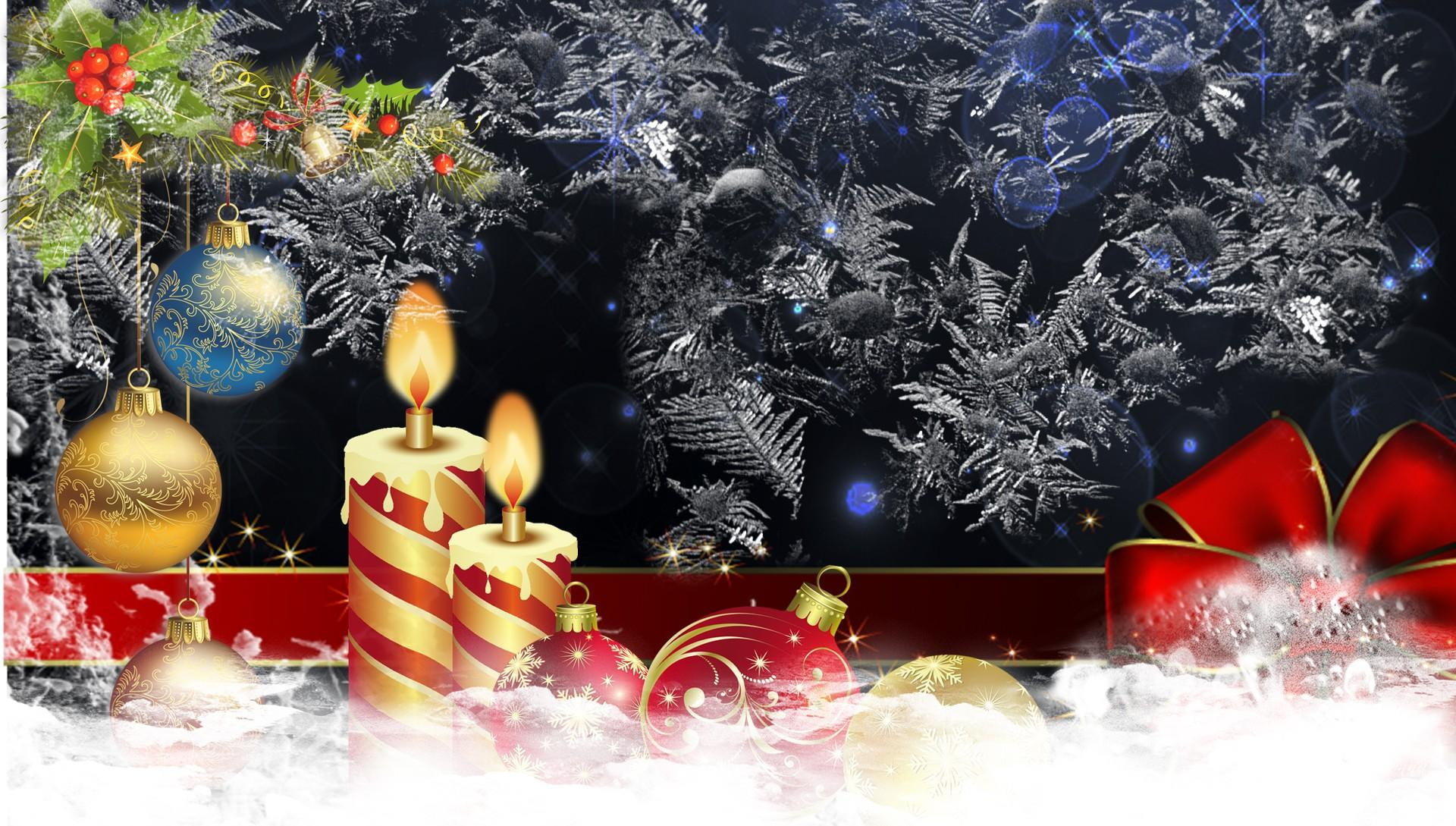 candle, christmas, frosty, ribbon, feliz navidad, 1080P, frost, tree, decorations, morning, glowing, snow, nature and land, HD Wallpaper