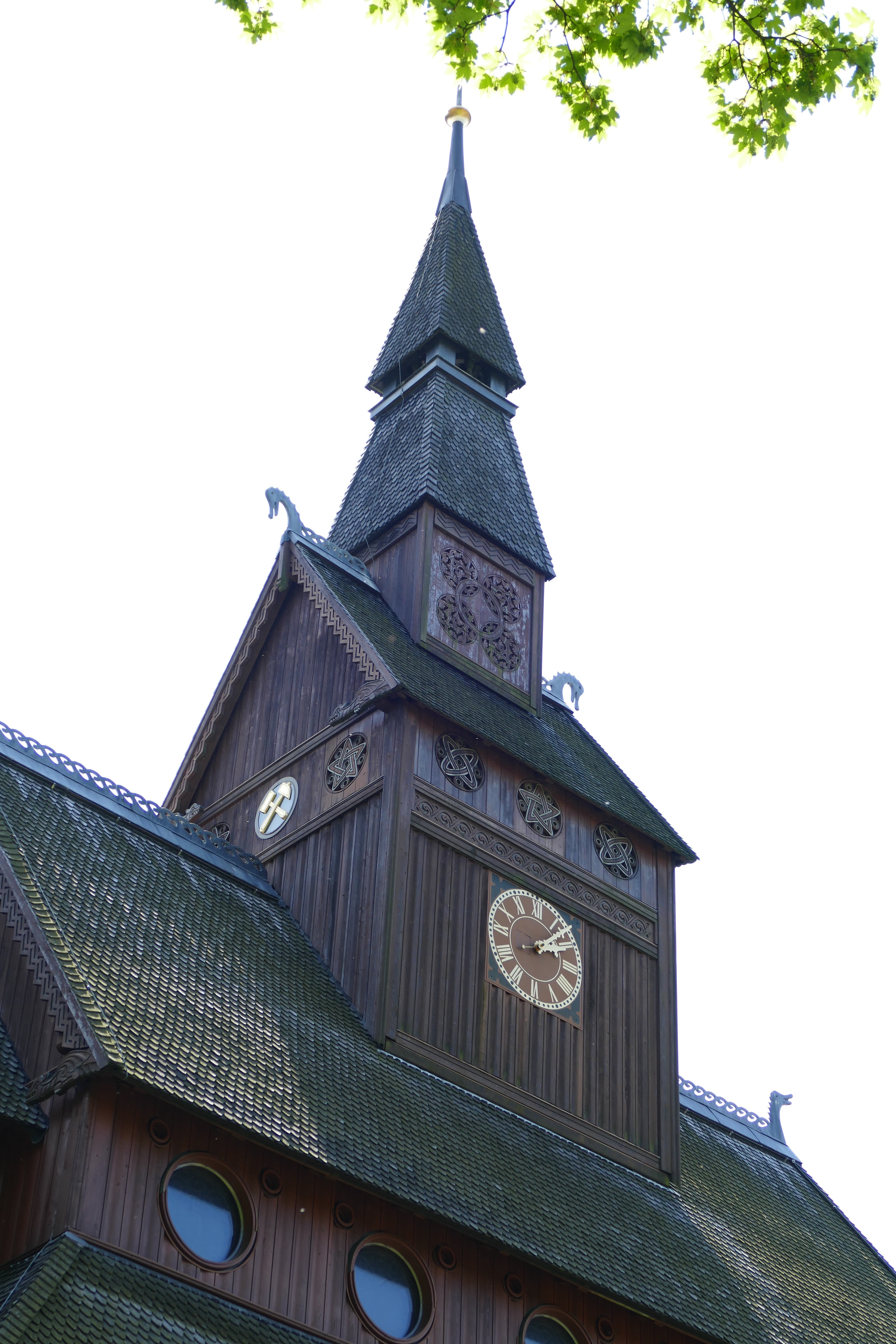 religion, belief, tree, building exterior, clock tower, no people, stave church, place of worship, clear sky, outdoors, beautiful, bell tower, roof, tower, Phone HD Wallpaper