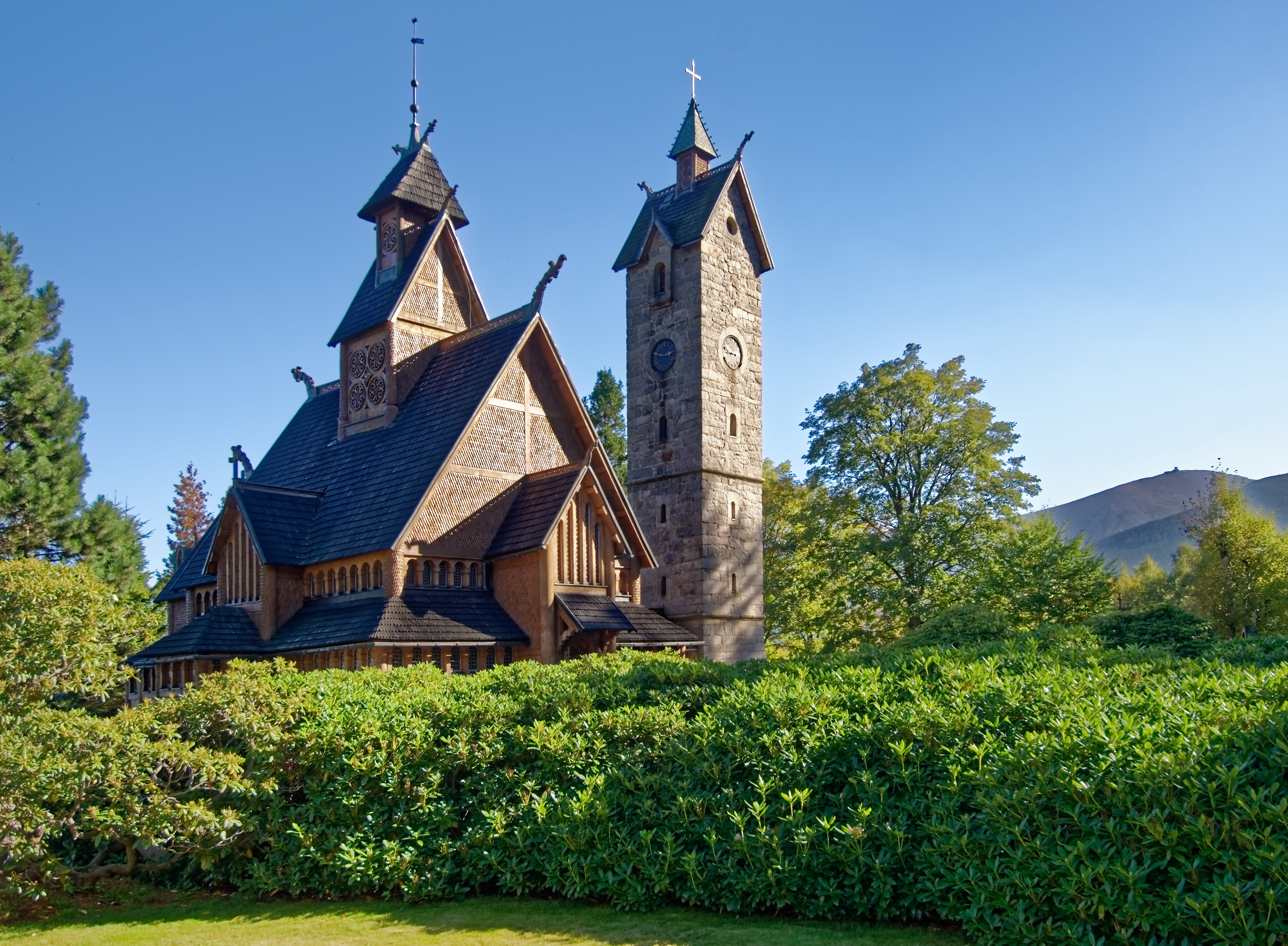turbine, building, no people, field, architecture, wind turbine, blue, poland, church, stave church wang, karpacz, grass, tree, building exterior, sunlight, HD Wallpaper