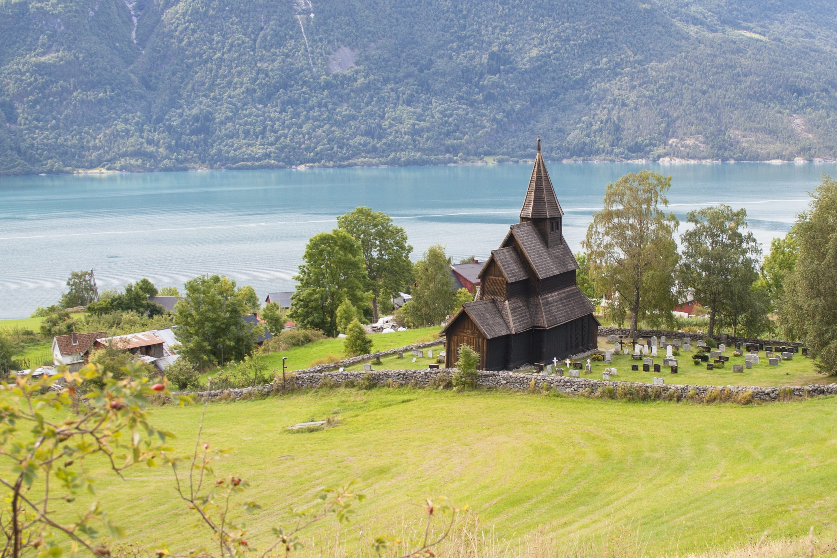 architecture, landscape, Stave Church, land, no people, nature, tree, 2K, building exterior, environment, grass, green color, day, water, religion, built structure, HD Wallpaper