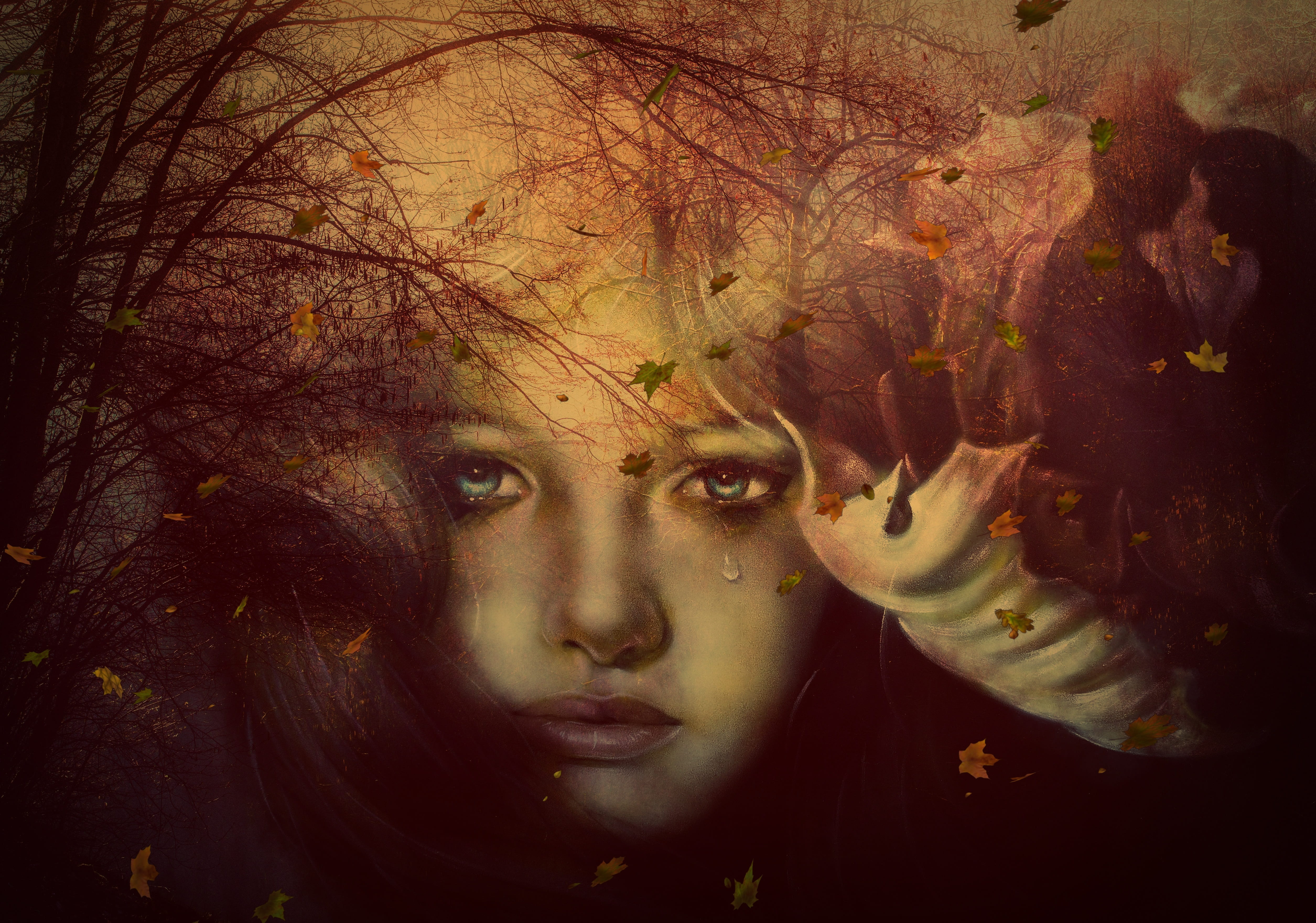 dark, brown, surreal, nature, women, outdoors, grief, digital composite, girl, hairstyle, human face, tree, dreamlike, face, beautiful woman, creativity, HD Wallpaper