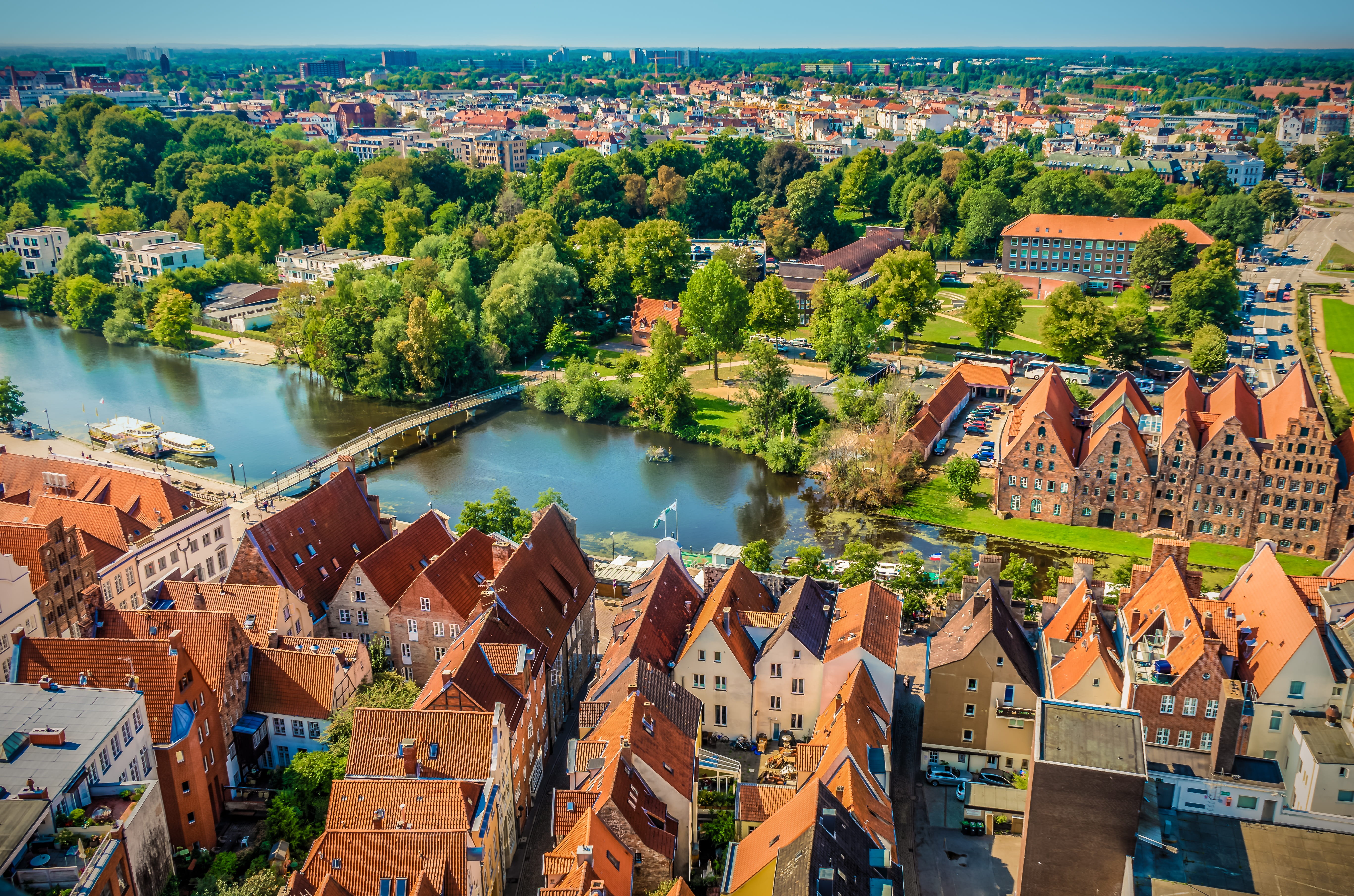 built structure, city, bridge, roof, sunlight, nature, 5K, landscape, travel destinations, cityscape, high angle view, water, hanseatic league, building exterior, HD Wallpaper