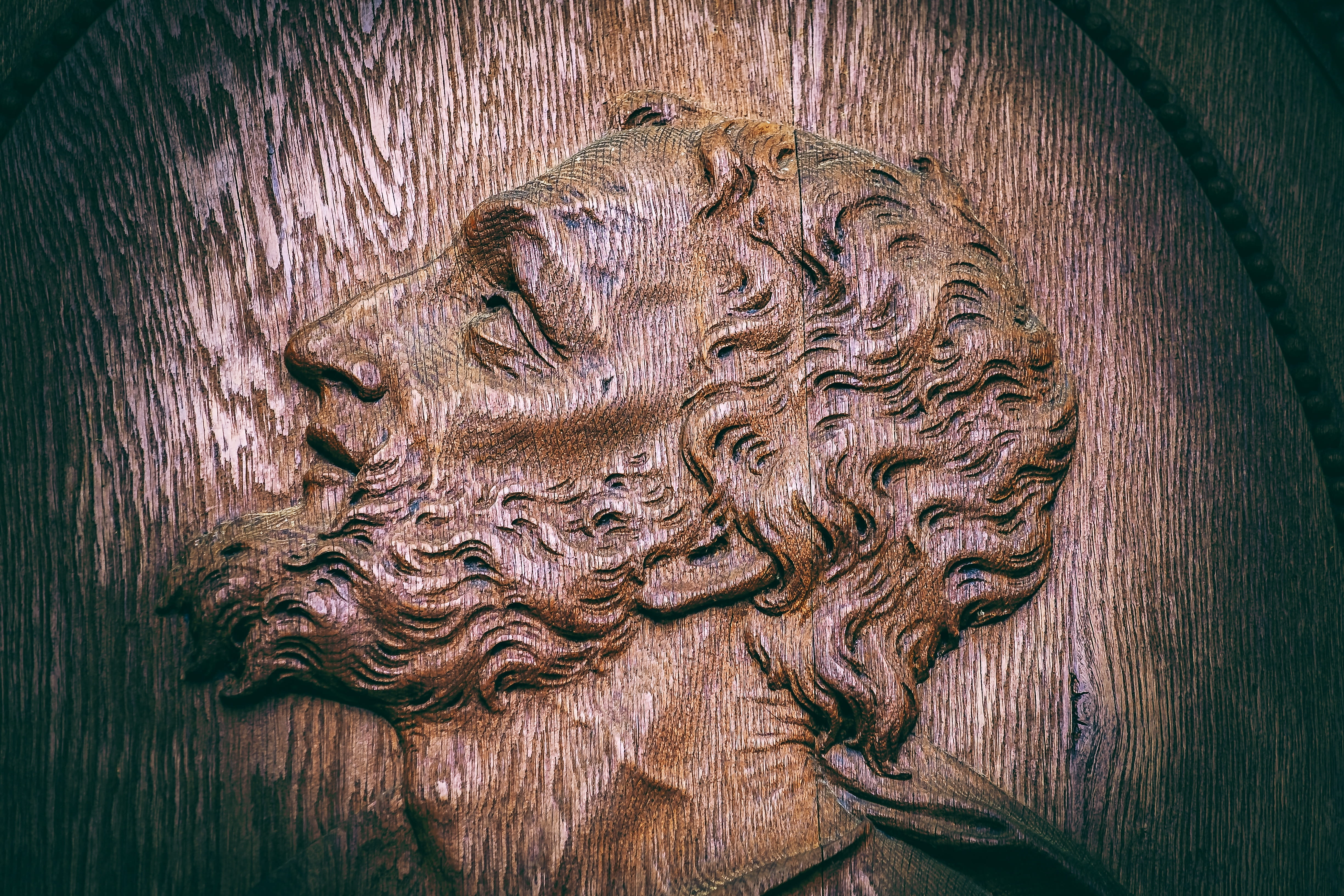 old, brown, 4K, animal themes, animal wildlife, feline, craft, wood carving, wooden structure, cat, animal head, christianity, artwork, christian, lion - feline, HD Wallpaper