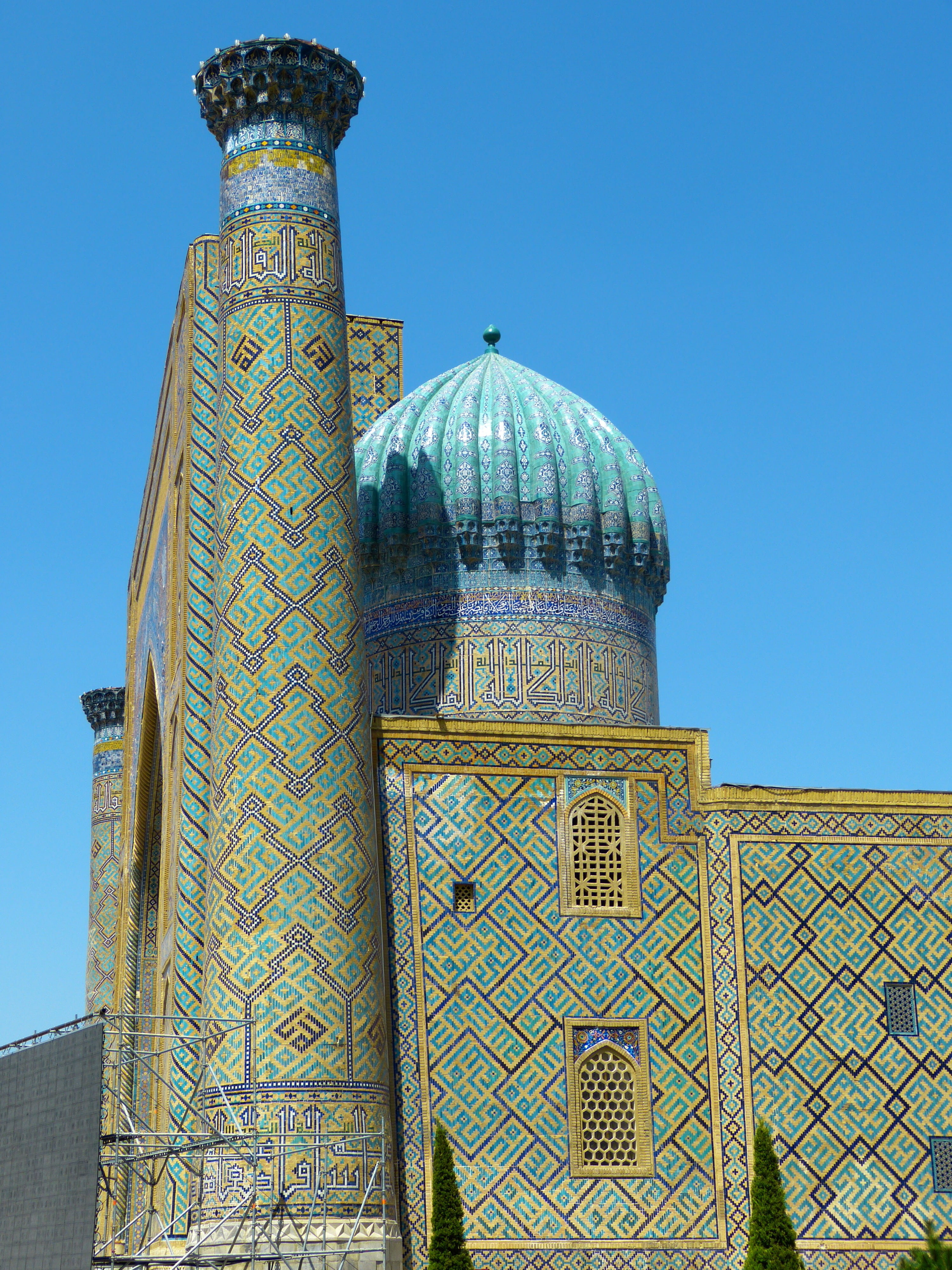 ceramic, ornate, day, tile, decorative, nature, registan square, sky, belief, pattern, building, clear sky, travel destinations, art, medrese, uzbekistan, Phone HD Wallpaper