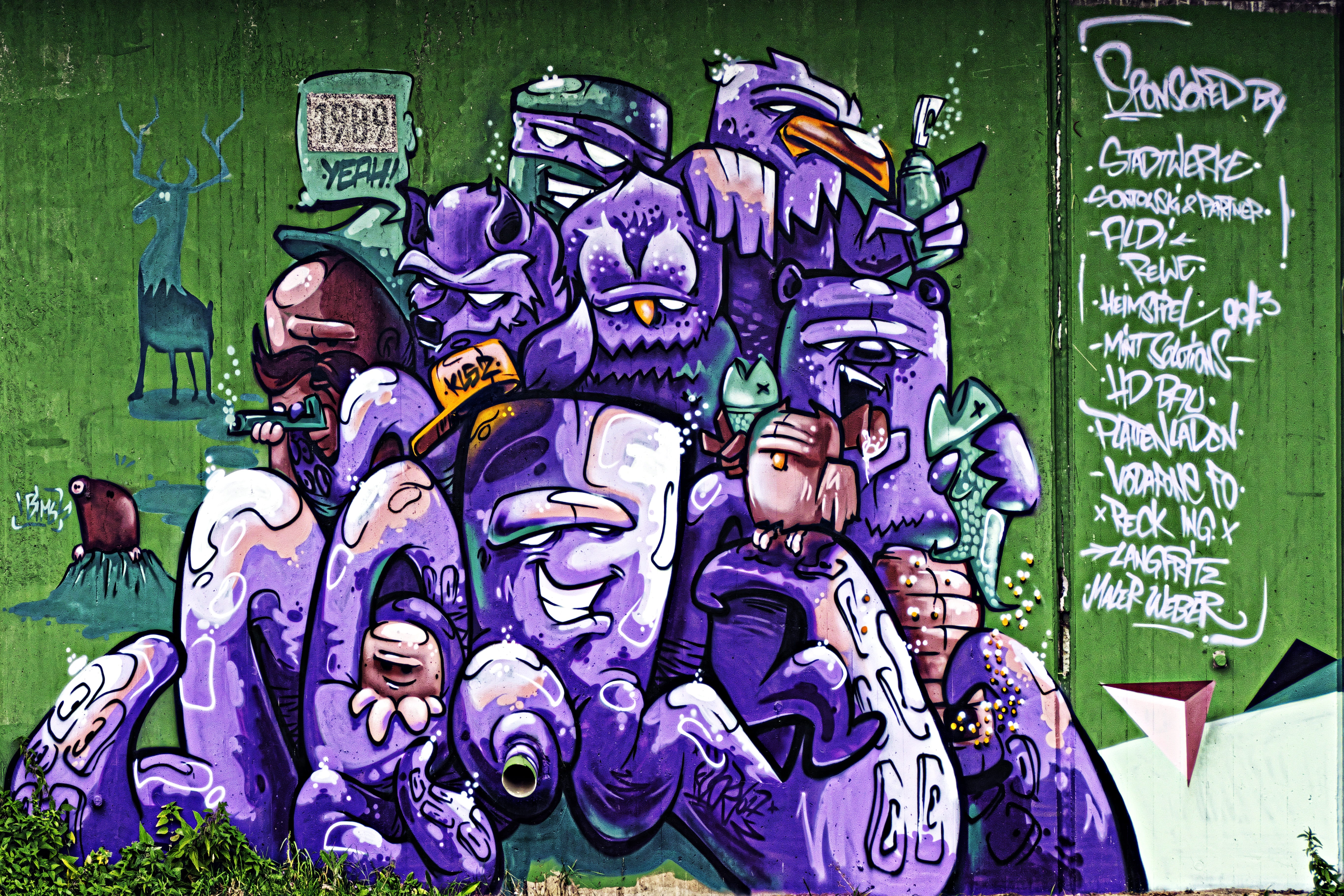 mural, animal, graffiti, building, 5K, image, spirituality, craft, street art, religion, purple, painted wall, multi colored, male likeness, creativity, HD Wallpaper