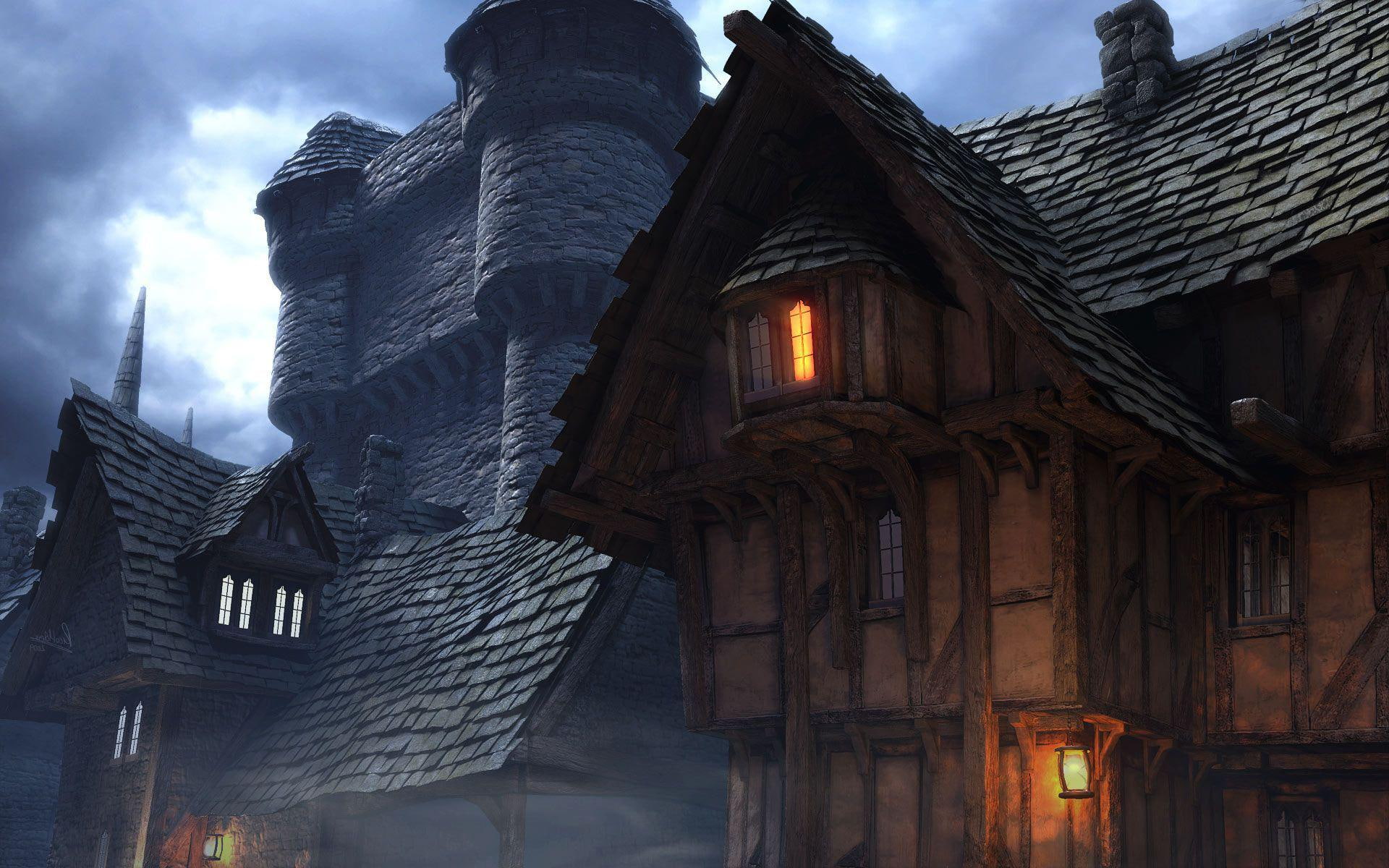 digital art, shingle, 1080P, medieval, 1920x1200, building, gray, house, roofed, HD Wallpaper