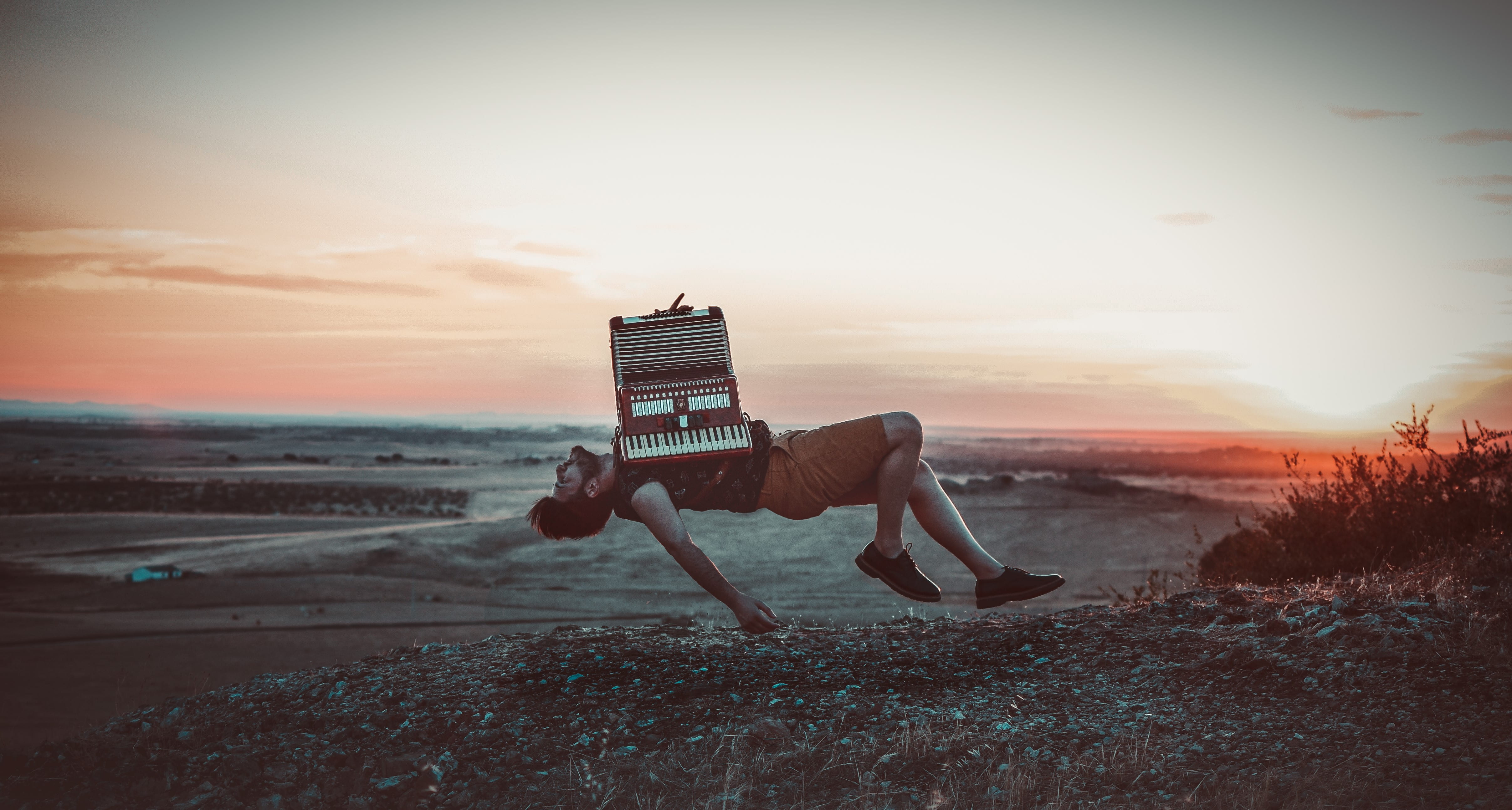 fashion, sunset, no people, motion, nature, dessert, levitate, musician, water, shingle, beach, sea, male, landscape, land, tranquil scene, dusk, man, red, HD Wallpaper