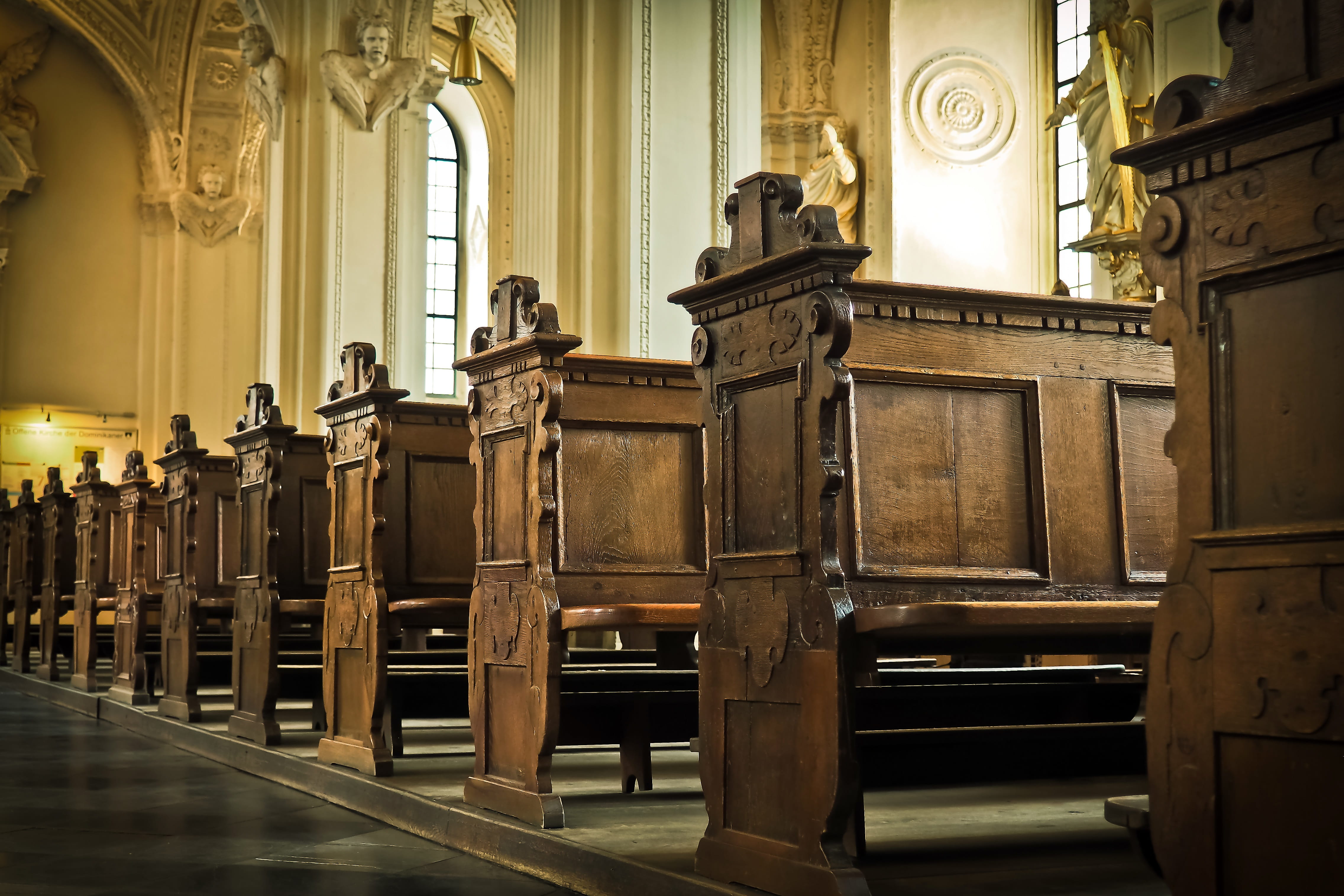 cathedral, place of worship, pew, seat, wooden, building, illuminated, brown, belief, sit, statue, sculptures, church, indoors, history, spirituality, no people, HD Wallpaper