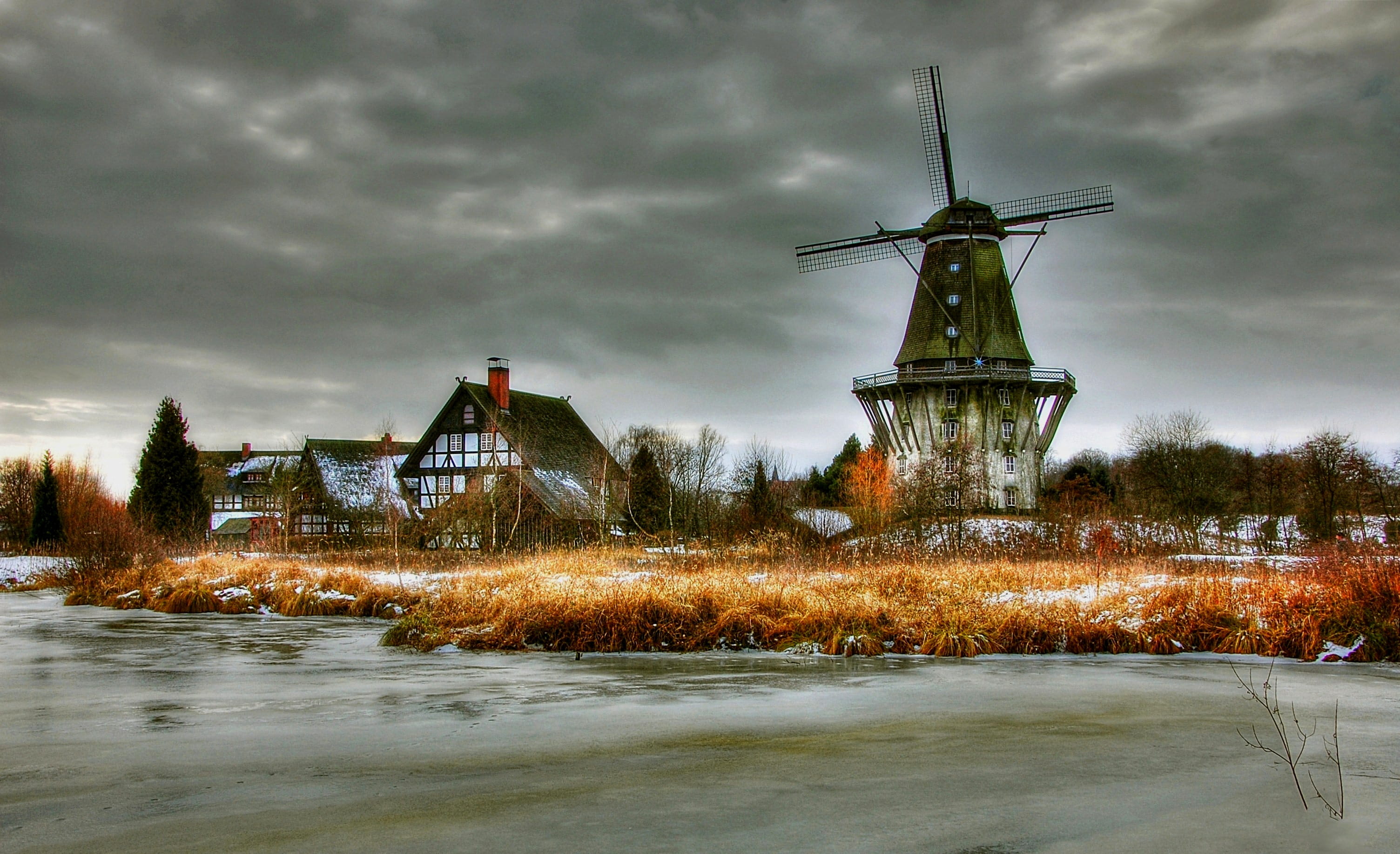 old, architecture, historically, wind turbine, church, lighting, sky, famous Place, renewable energy, river, body of water, fuel and power generation, netherlands, HD Wallpaper