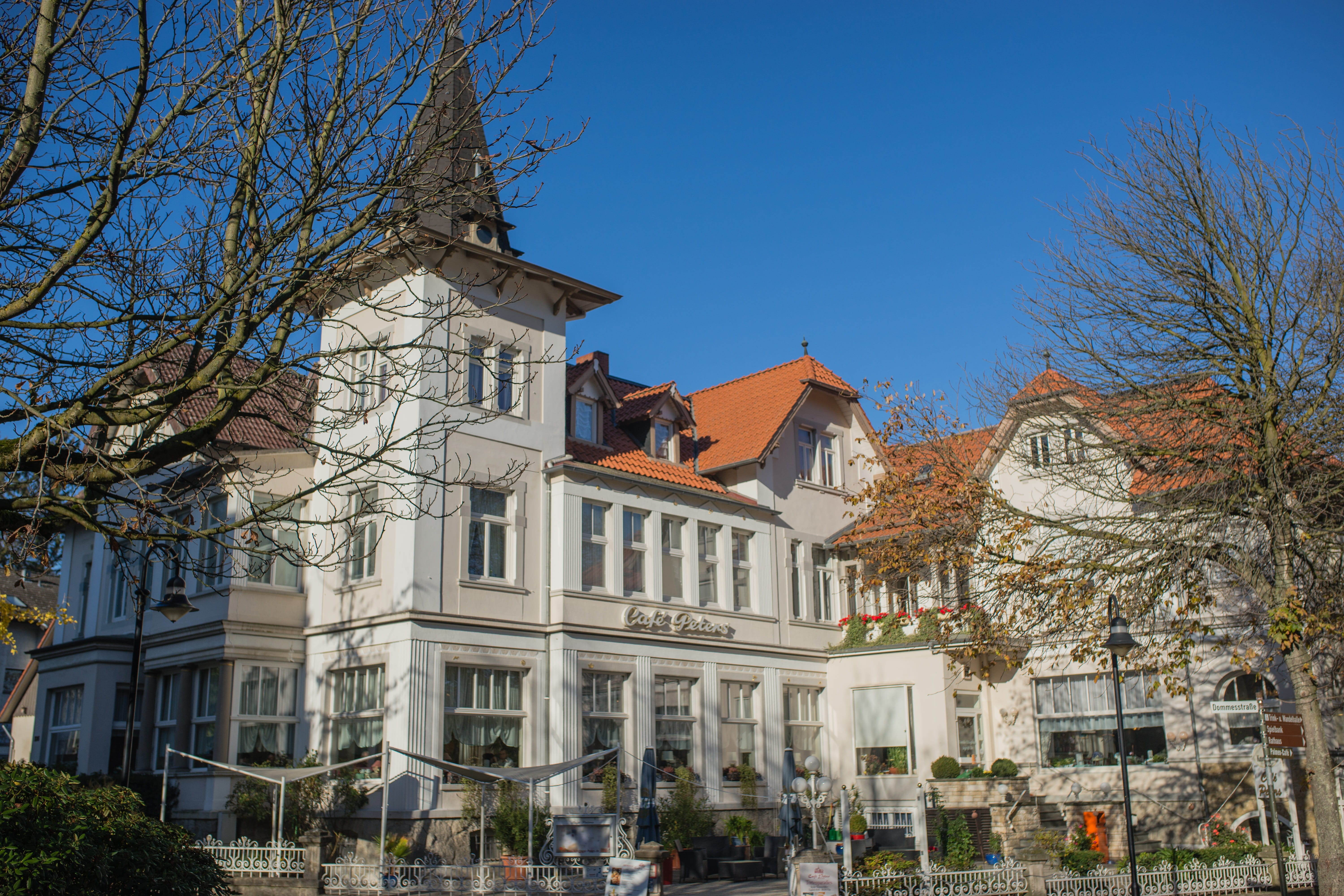 low angle view, building exterior, window, cafe, residential district, day, bare tree, tree, restaurant, germany, outdoors, blue, lower saxony, 5K, city, HD Wallpaper