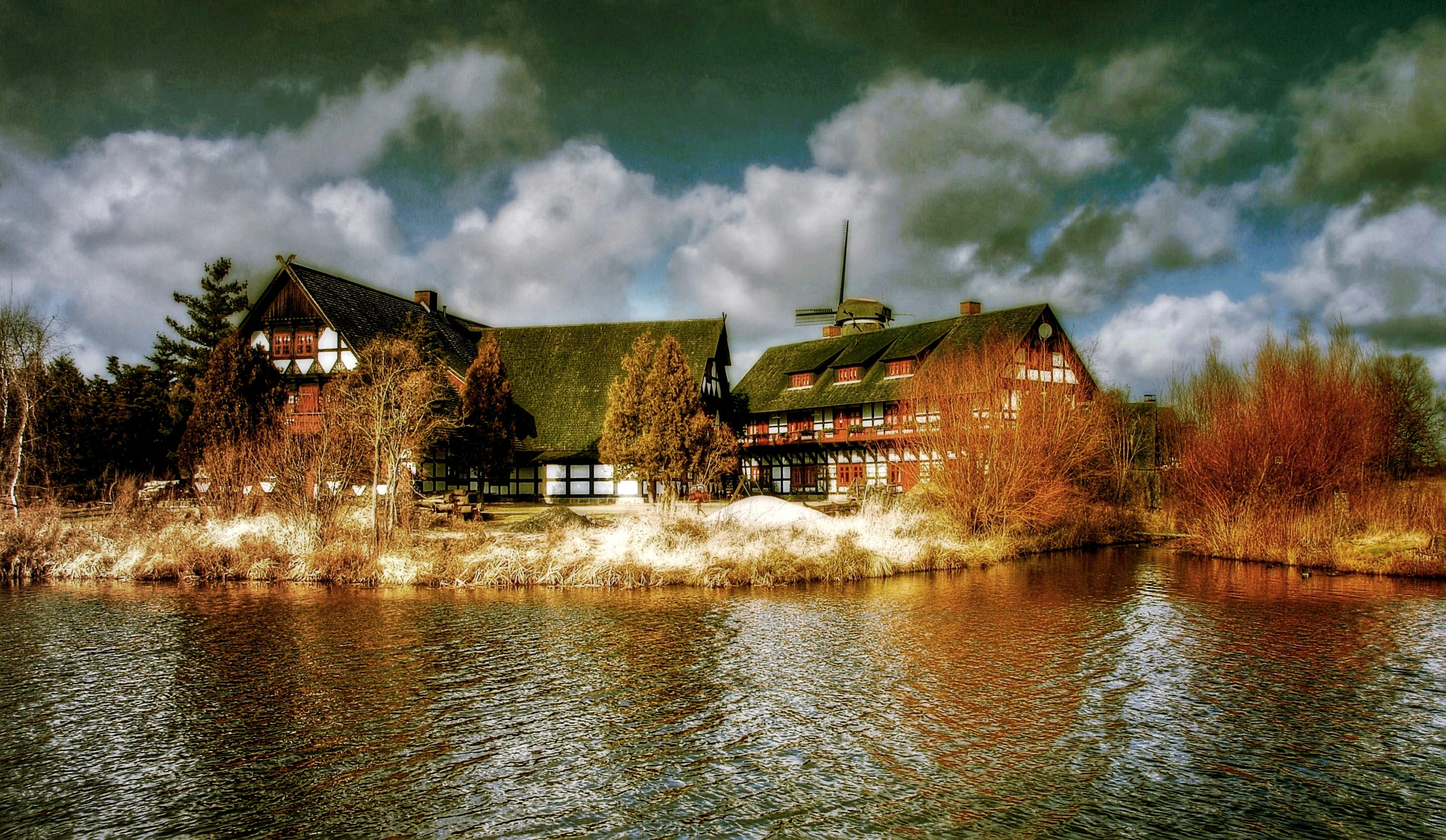 walk, museum, windmill, lower saxony, idyllic, blue, romantic, mill, lighting, relaxation, house, cloud - sky, built structure, sky, waters, tree, summer, HD Wallpaper
