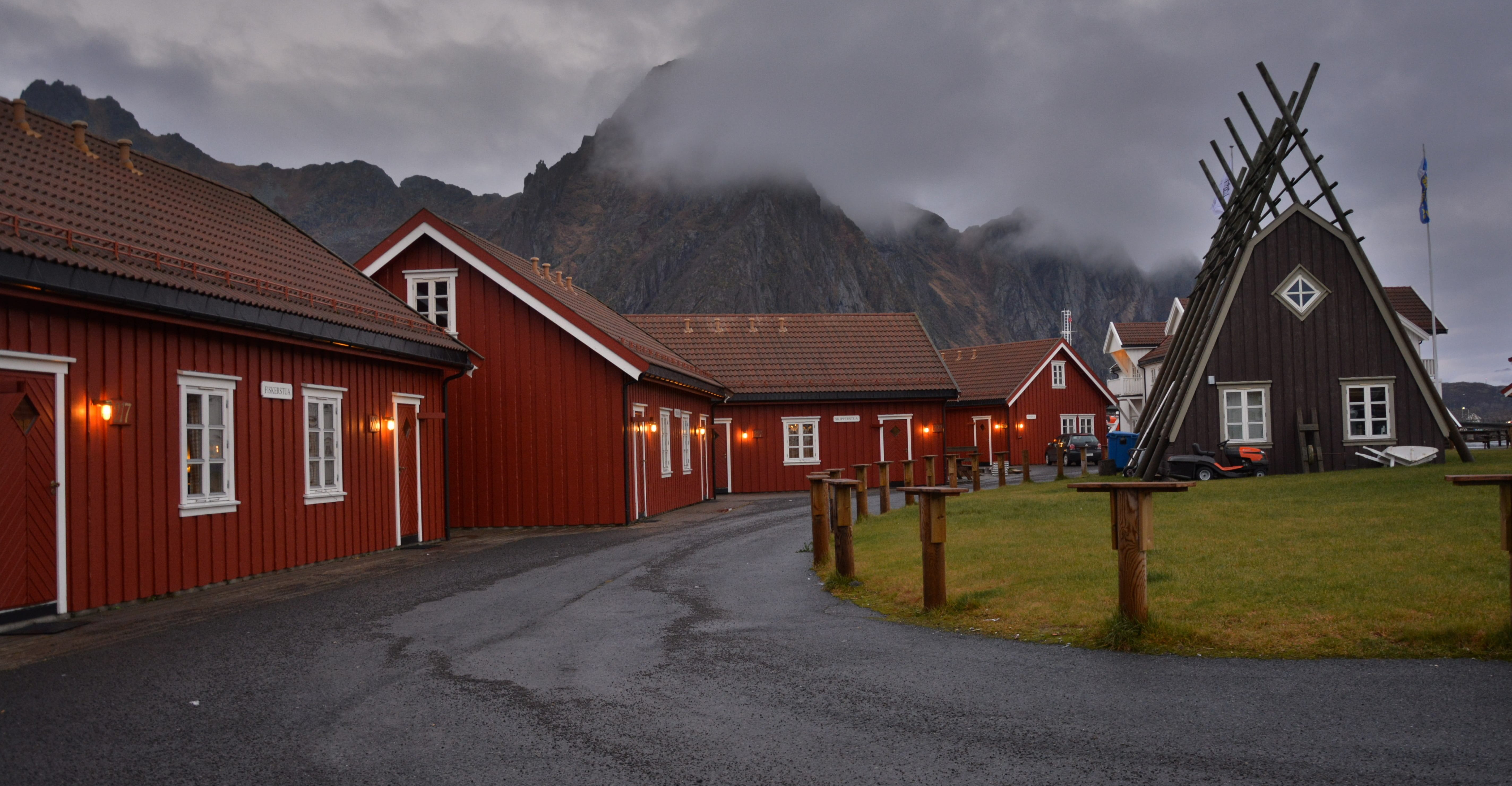 nature, wooden houses, cloudy dusk, view, village, landscape, cottage, foggy, travel, no people, norway, built structure, Svolvær, twilight, 5K, islands, HD Wallpaper