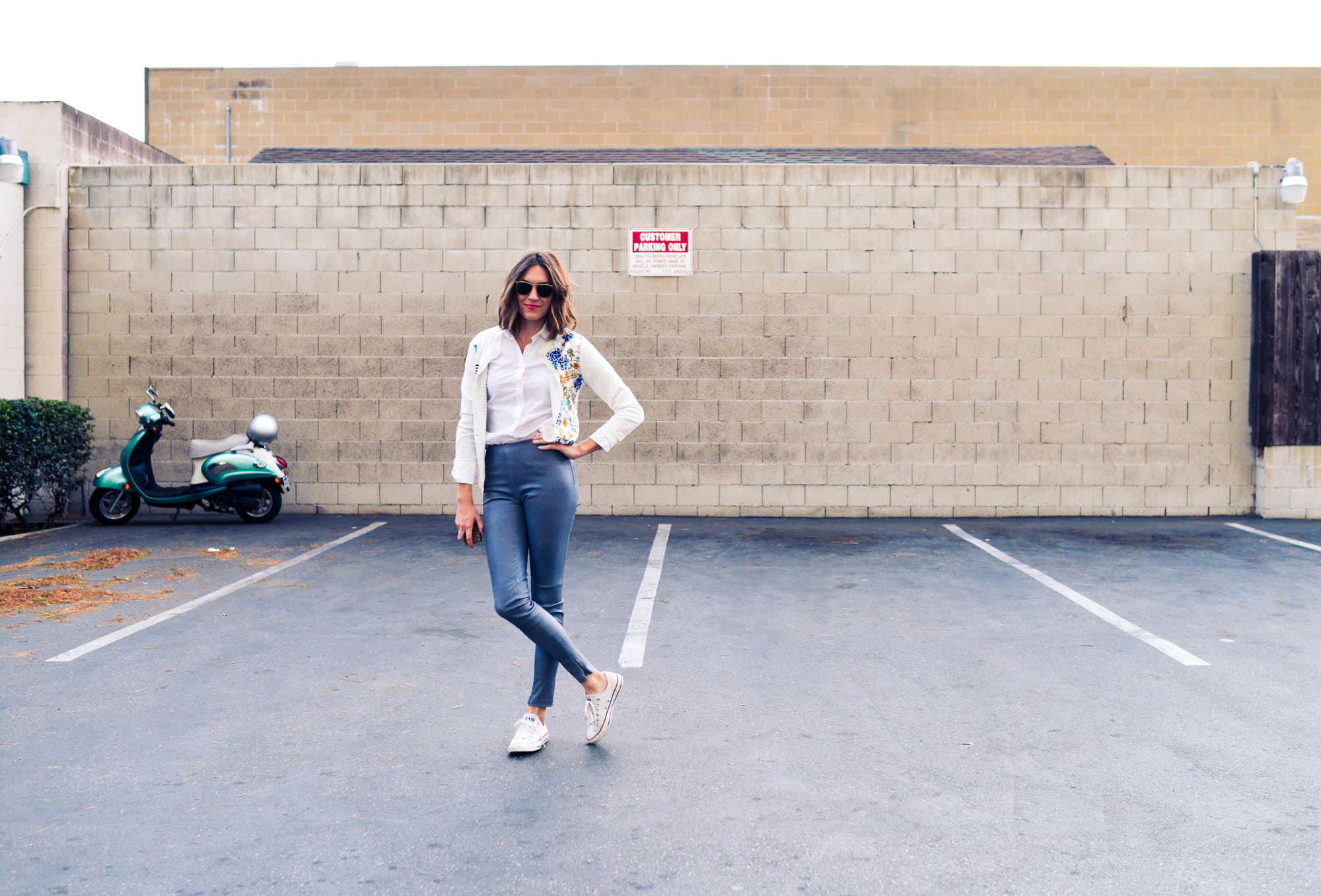 one person, transportation, girl, scooter, clothes, hairstyle, front view, white, young adult, women, parking spaces, near, built structure, lifestyles, HD Wallpaper