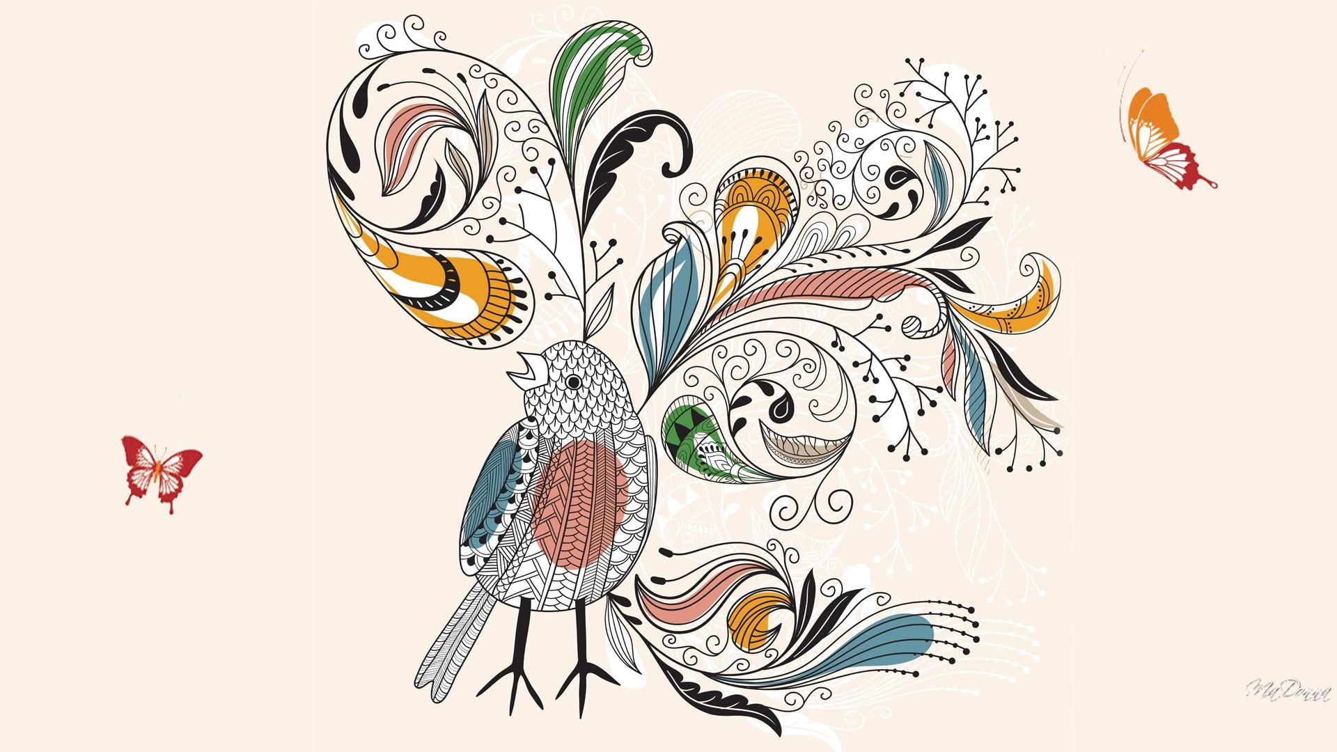 baroque, butterflies, plumage, bird, vector, paisley, paint, multicolored, abstract, light, illustration, 1080P, HD Wallpaper