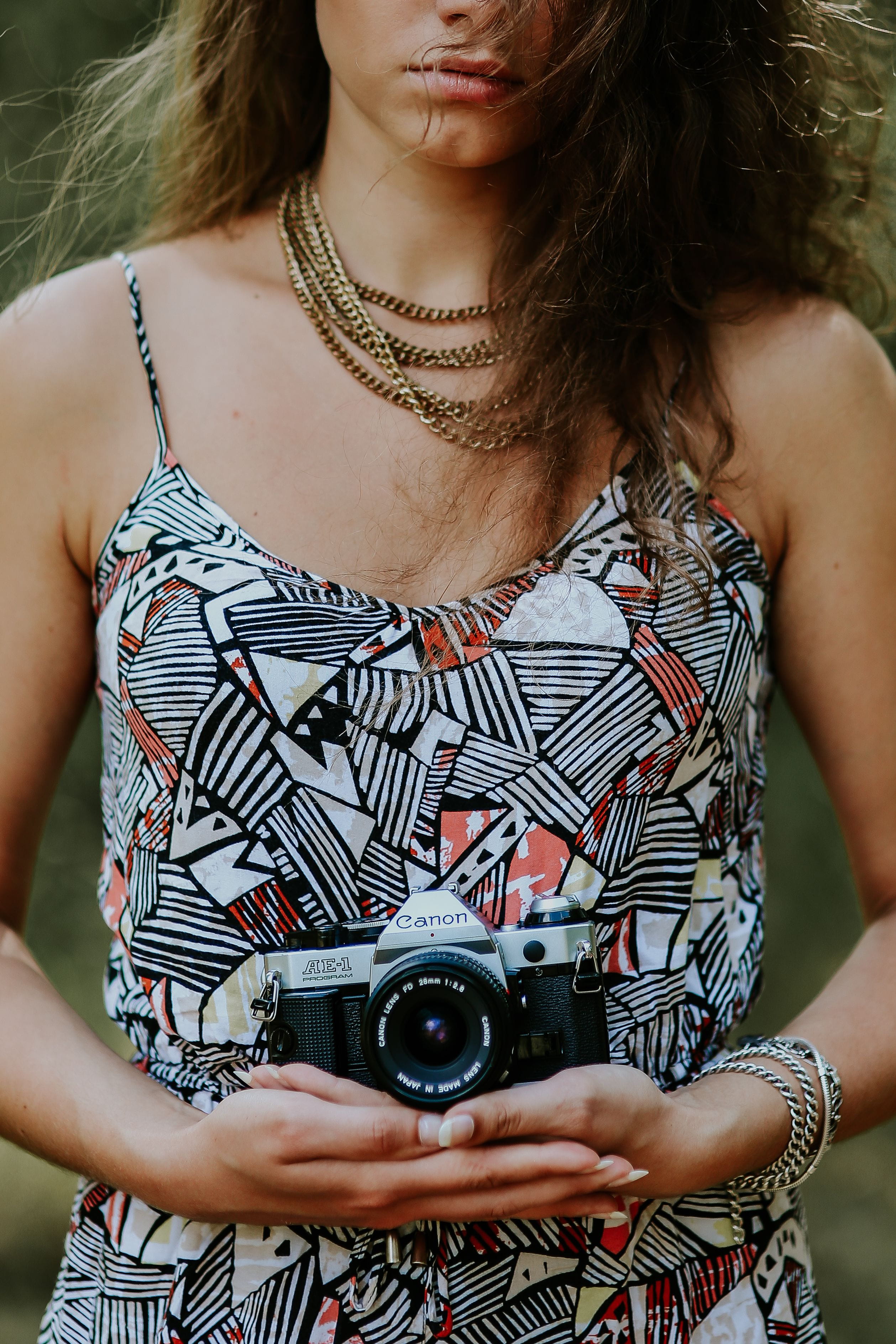 standing, photographer, girl, casual clothing, photographing, midsection, dress, holding, 2K, camera, people, females, summer, adults only, women, Woman, Phone HD Wallpaper