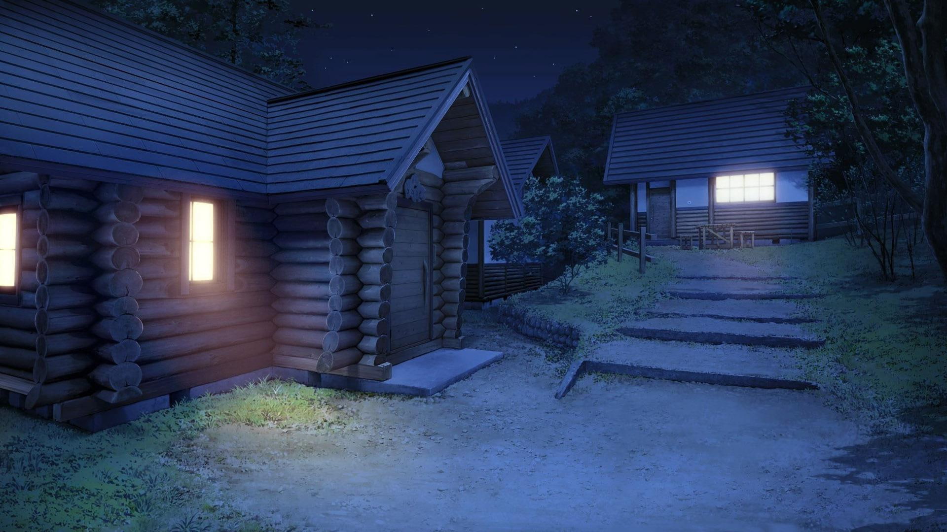 1080P, digital art, camp, log cabin, 1920x1080, brown, forest, house, wooden, night, HD Wallpaper