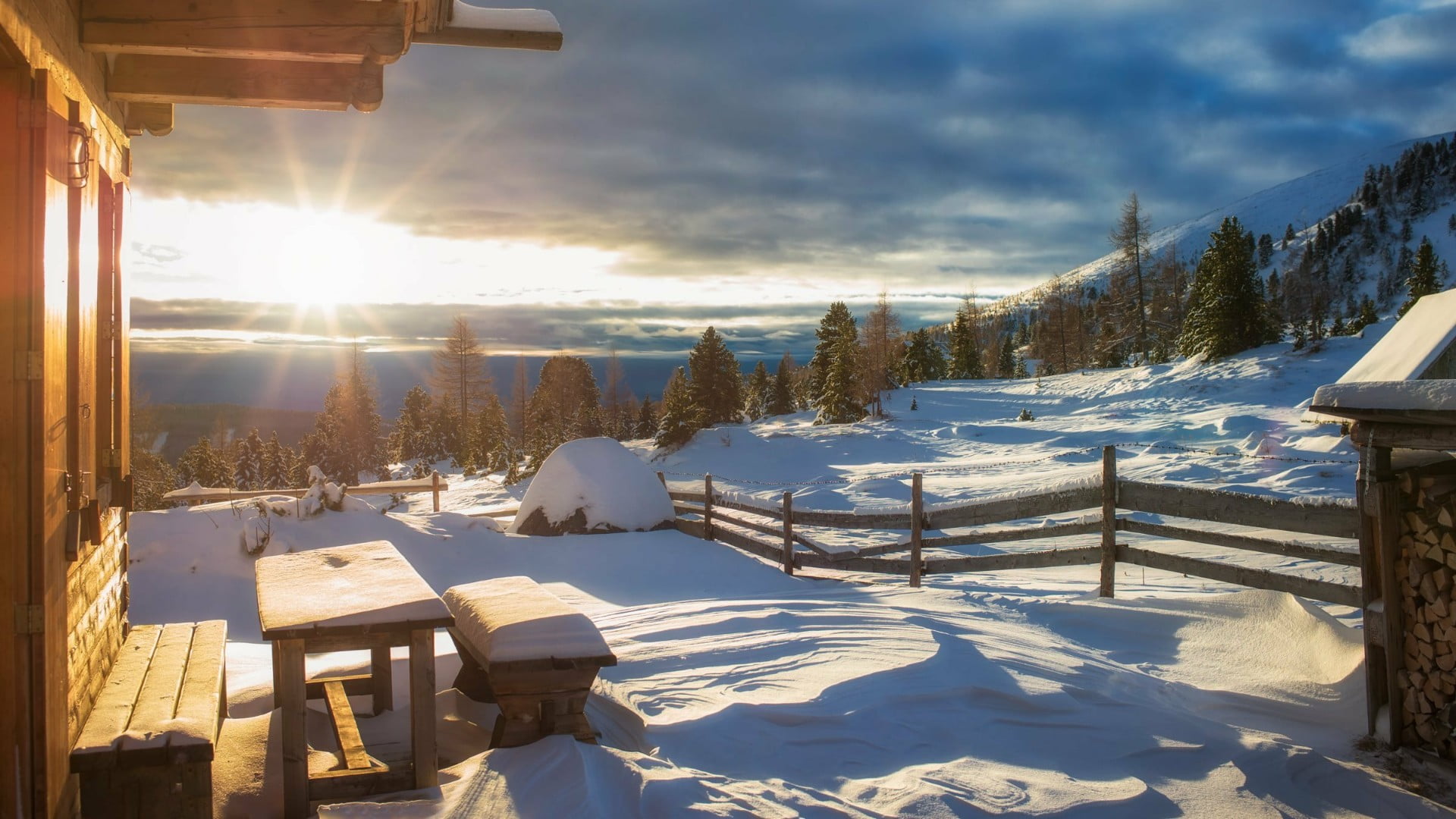sun, sky, snowcapped mountain, ice, mountain village, cold temperature, freezing, 1080P, beauty in nature, snowy, tranquility, nature, morning, tree, building exterior, HD Wallpaper
