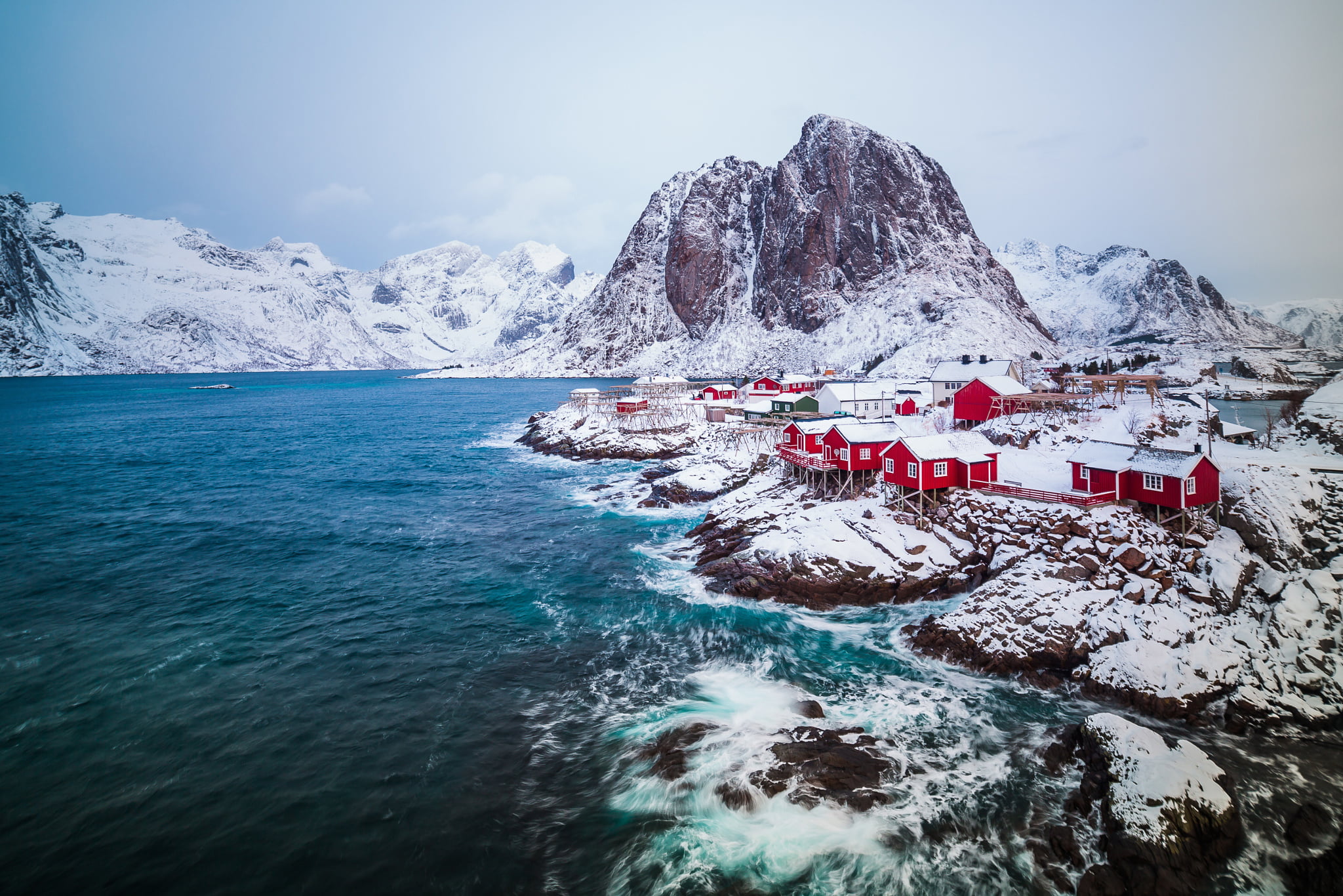 snowcapped mountain, outdoors, winter, 1080P, tranquil scene, cabins, nautical vessel, nature, The Lofoten Islands, mountain, tranquility, snow, Norway, HD Wallpaper