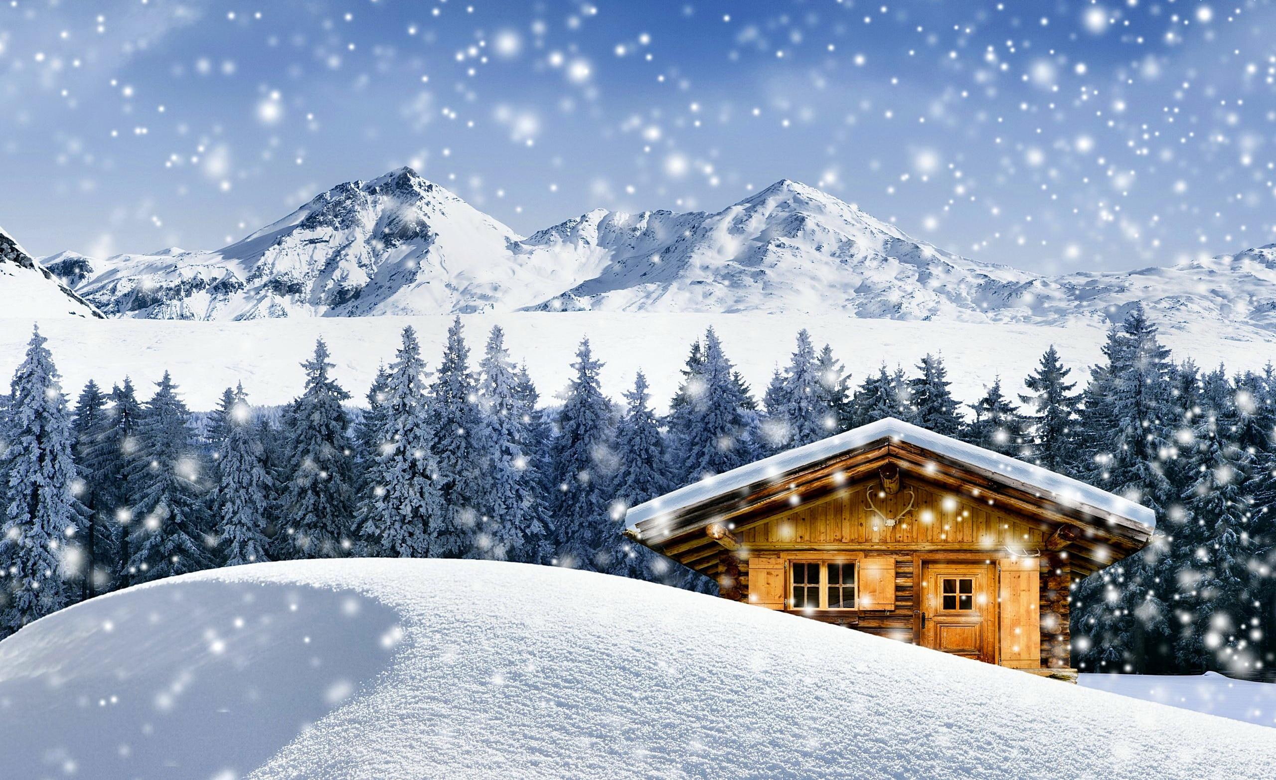 snowflak, wooden, dream, cottage, 2K, snow, brown, winter, lovely, house, mountain, beautiful, snowy, slope, peaks, cabin, nice, frozen, HD Wallpaper