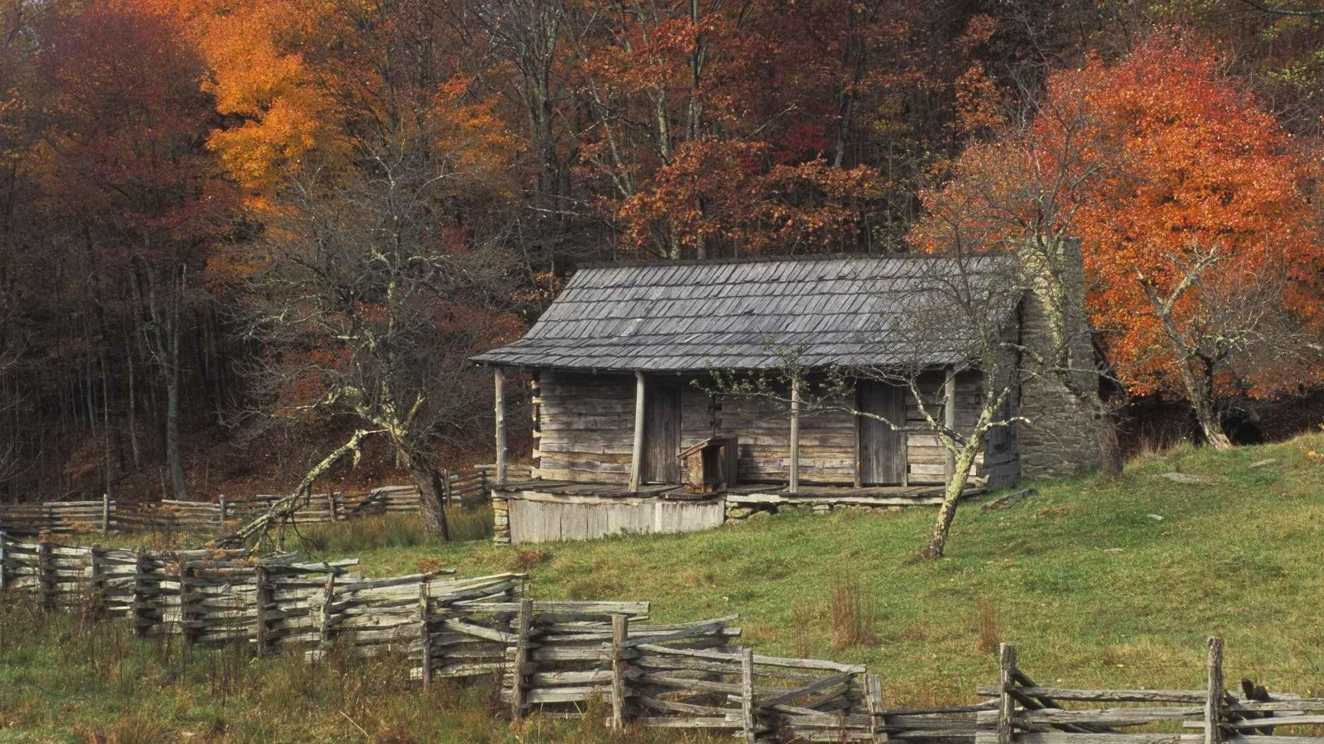 cabin, 1080P, fence, mountain, wood, nature and landscapes, autumn, wooden, forest, HD Wallpaper