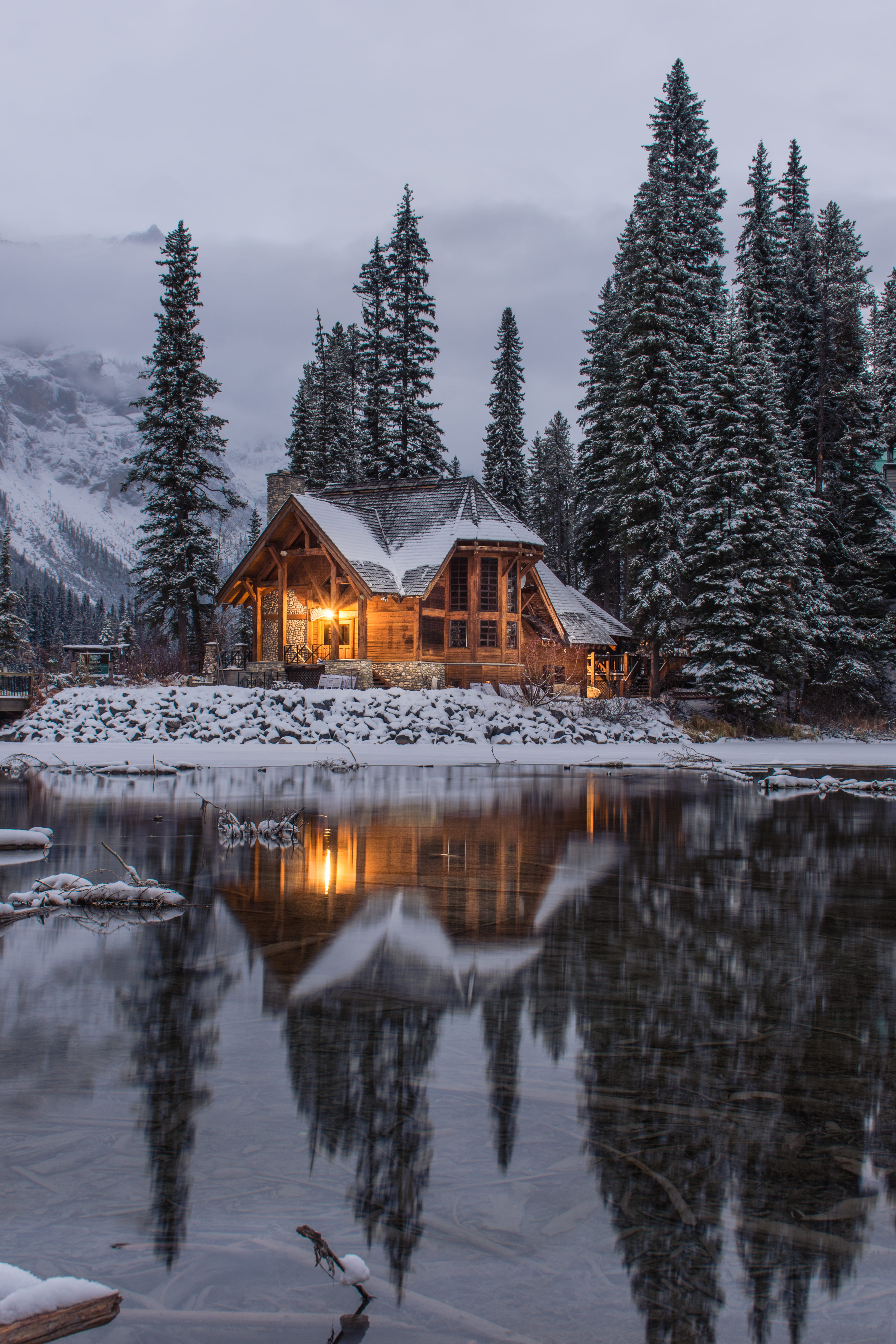 pond, trees, plant, lake, cabin, turned, no people, building, scenics - nature, waterfront, lights, built structure, daytime, snow, illuminated, 5K, near, Phone HD Wallpaper