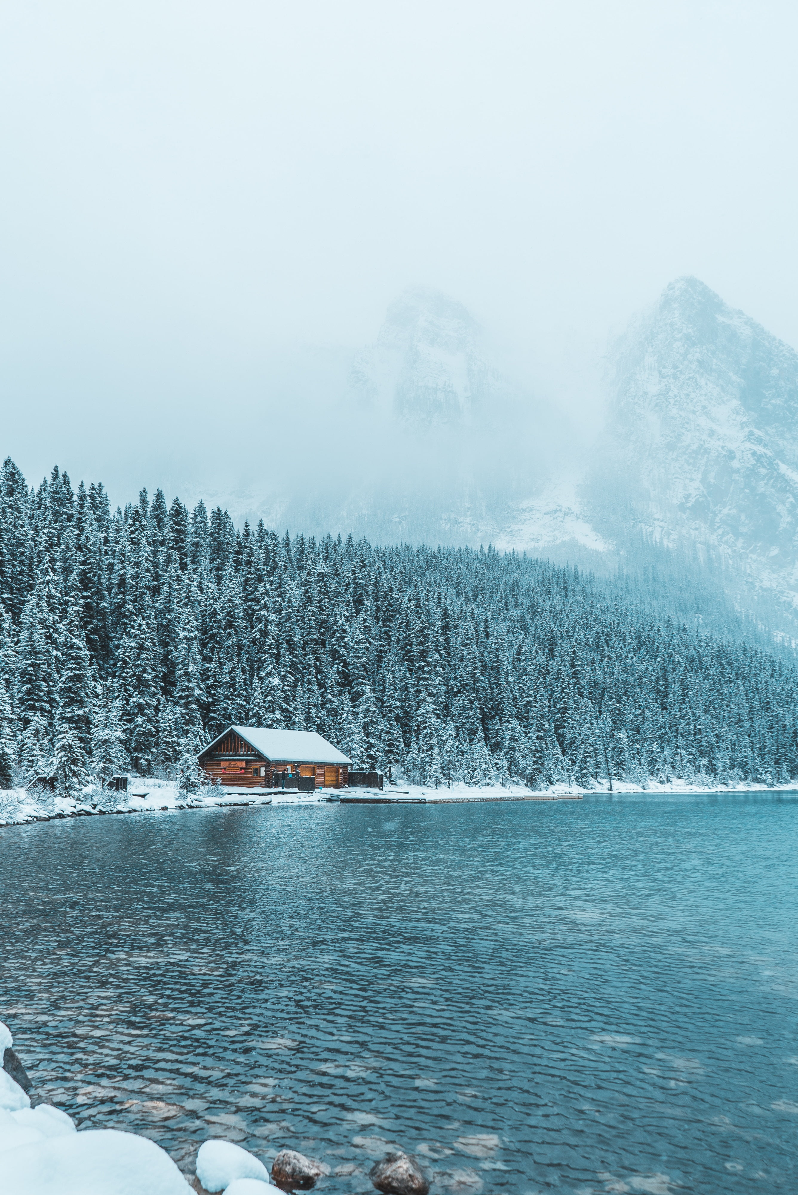 ice, lake, snow, canada, white, 4K, mountain, landscape, forest, winter, blue, house, norway, frost, tranquil Scene, nature, wooden, tree, water, cabin, Phone HD Wallpaper