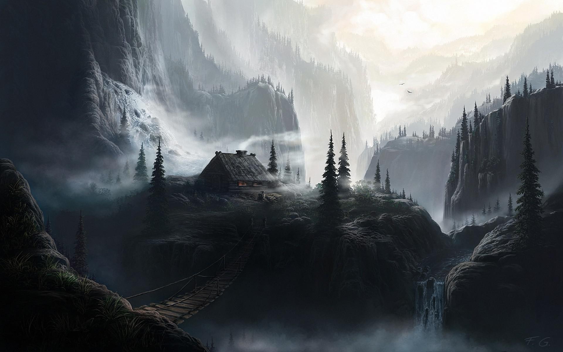 cottage, wooden, middle, small, mountain, mountains, wood, bridge, house, 1080P, 1920x1200, fantasy, cabin, painting, HD Wallpaper