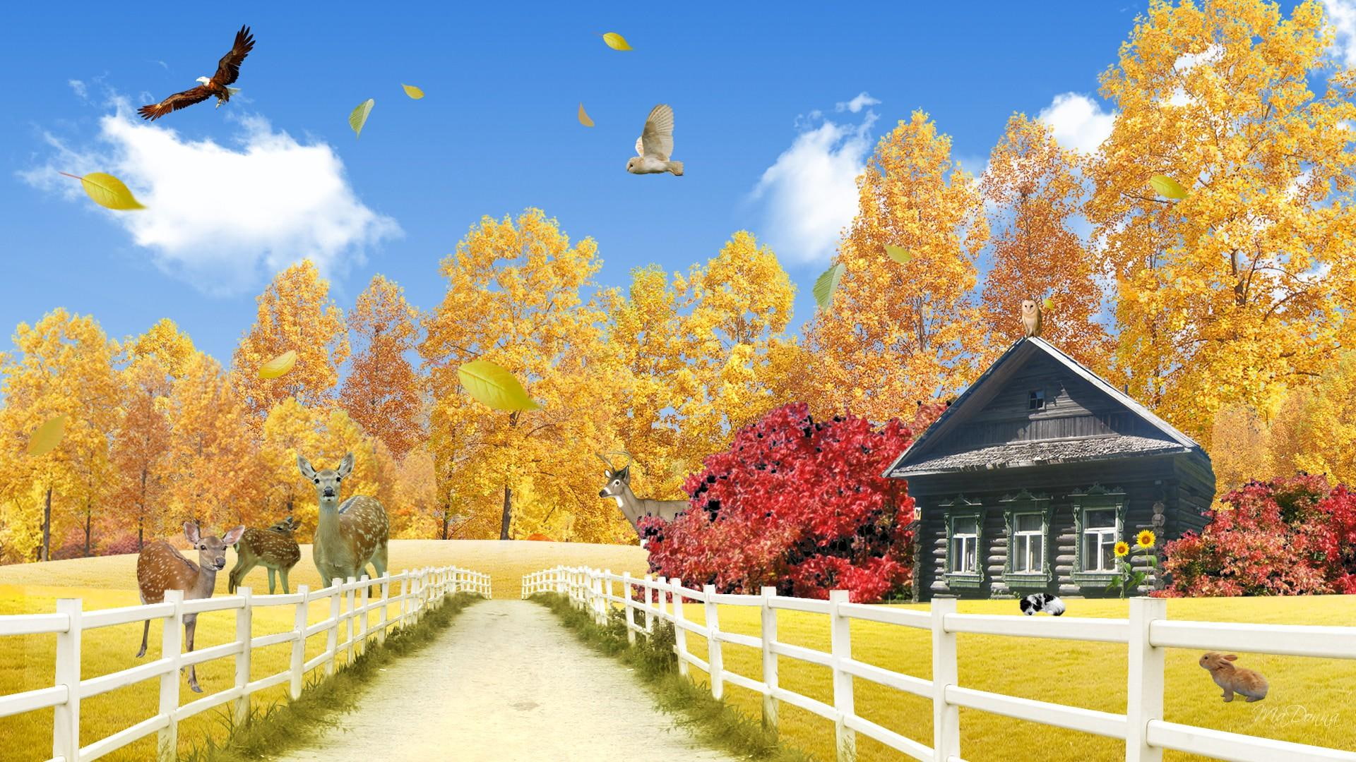 eagle, fall, log house, fence, bunn, cabin, white, 1080P, trees, wooden, fawn, deer, clouds, leaves, lane, firefox persona, HD Wallpaper