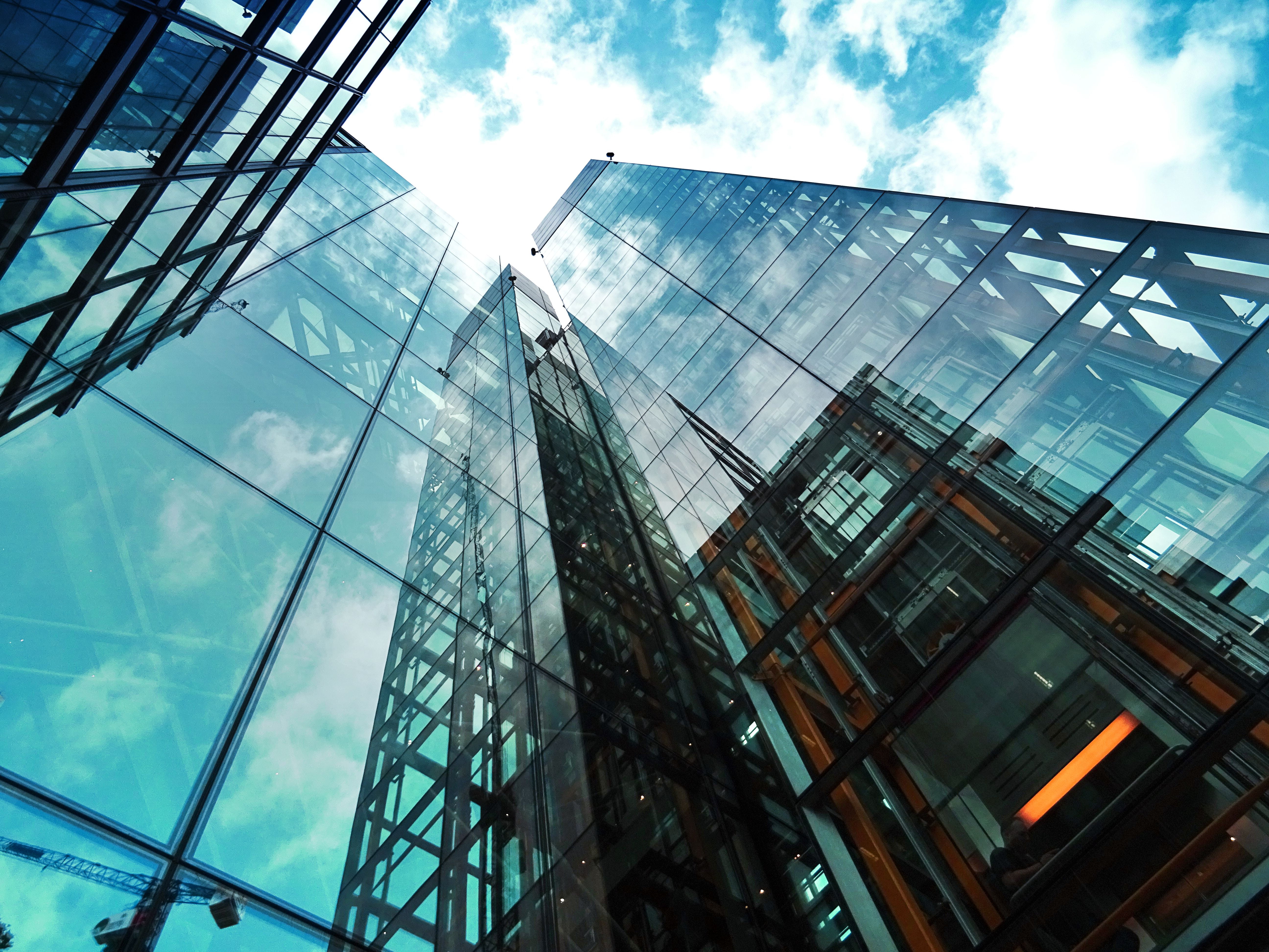 window, architecture, futuristic, nature, tower, low angle shot, building, skyscraper, clouds, 5K, business, building exterior, steel, reflection, glass - material, HD Wallpaper