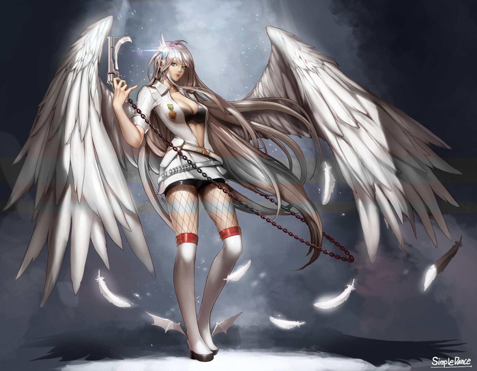 Feather, White Hair, Weapon, Wings, Lips, Green Eyes, 1080P, Video Game, Dungeon Fighter Online, Chain, Skirt, Gun, Long Hair, Angel, HD Wallpaper