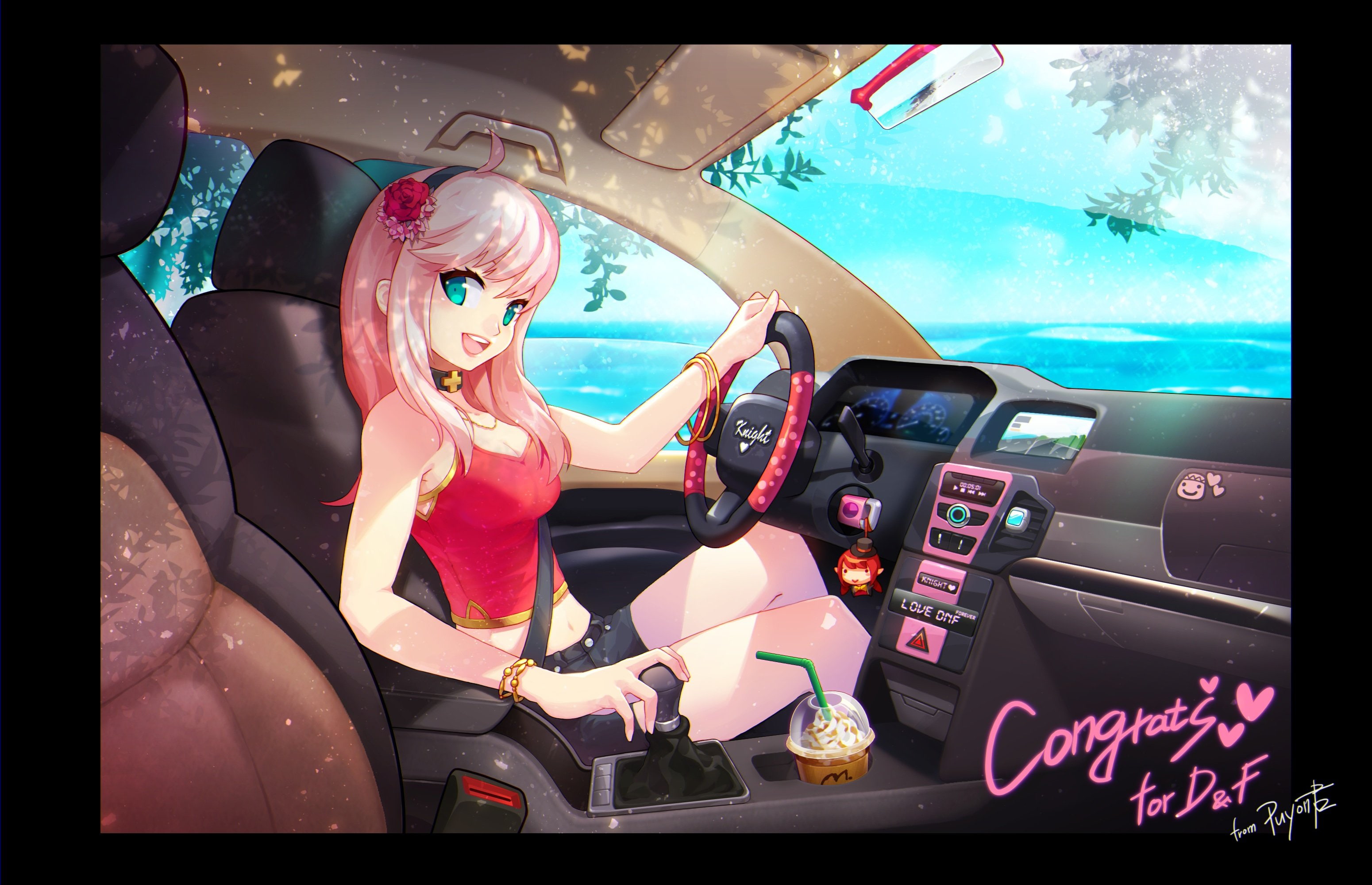 senki, navel, signed, shorts, pink, wristwear, puyon, dungeon, online, eyes, aqua, and, fighter, 2K, arad, drink, car, hair, HD Wallpaper