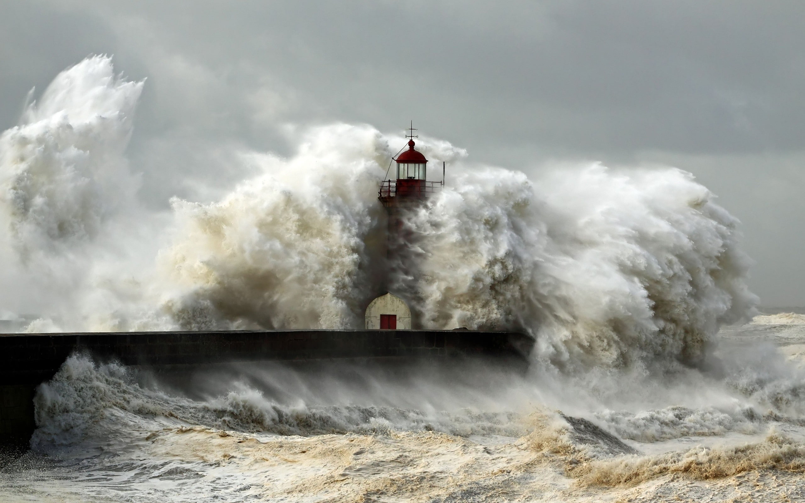 photography, waves, lighthouse, nature, clouds, mist, sea, 2K, HD Wallpaper