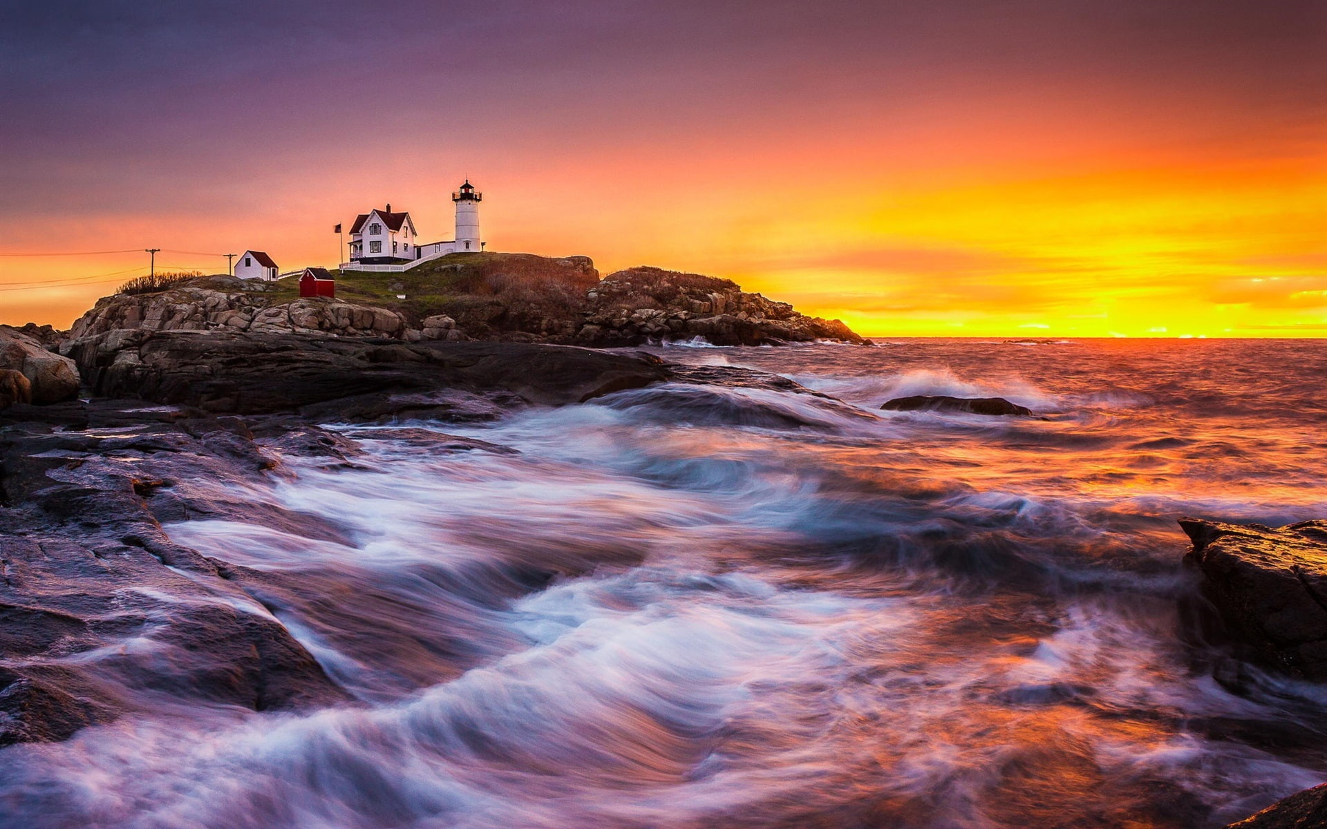 Coast, Rocks, Sea, Sunrise, 1080P, Building, Waves, Lighthouse, HD Wallpaper