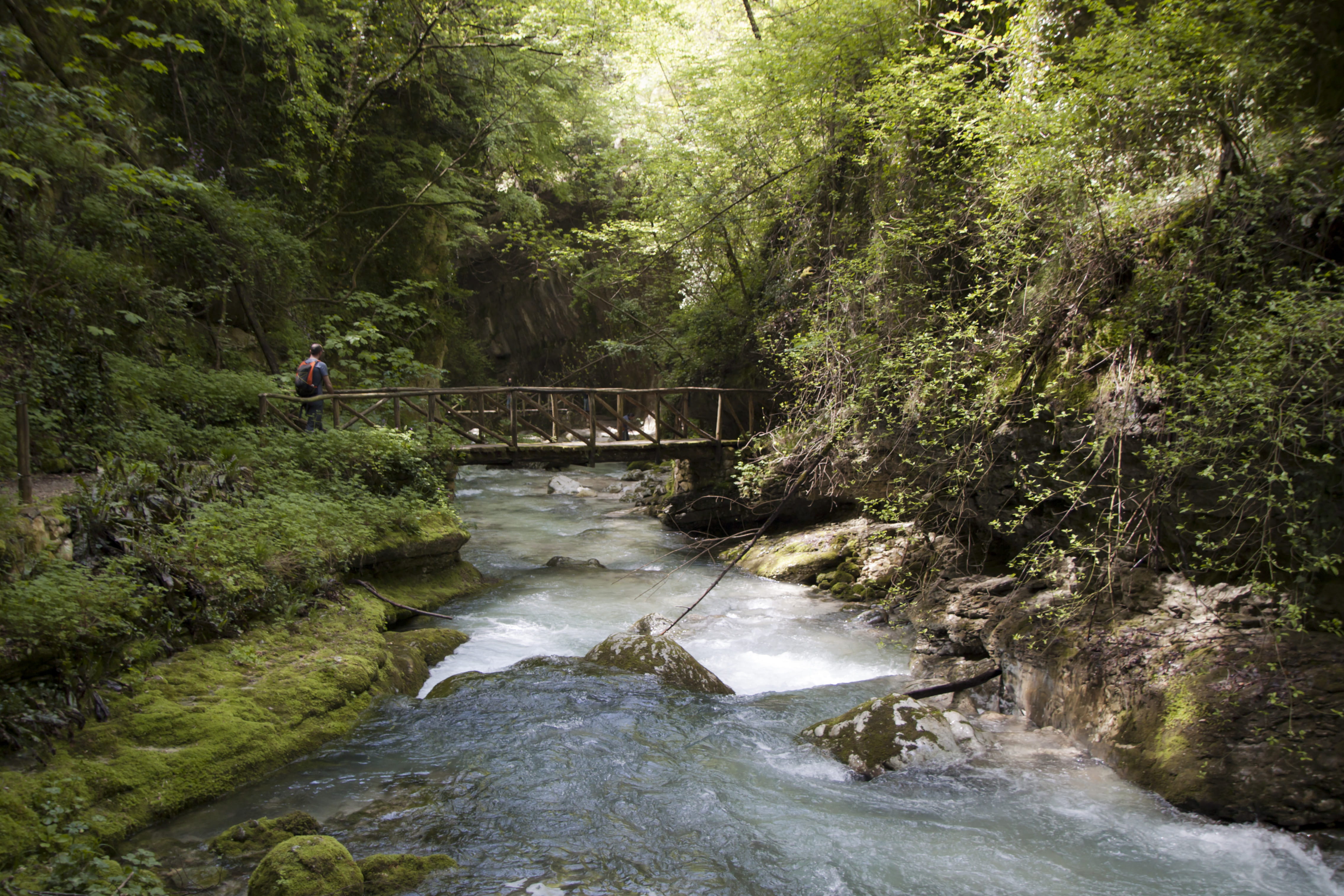 shoreline, outdoors, caramanico terme (pe), creek, footbridge, building, housing, lush foliage, land, plant, flowing water, motion, stream - flowing water, HD Wallpaper