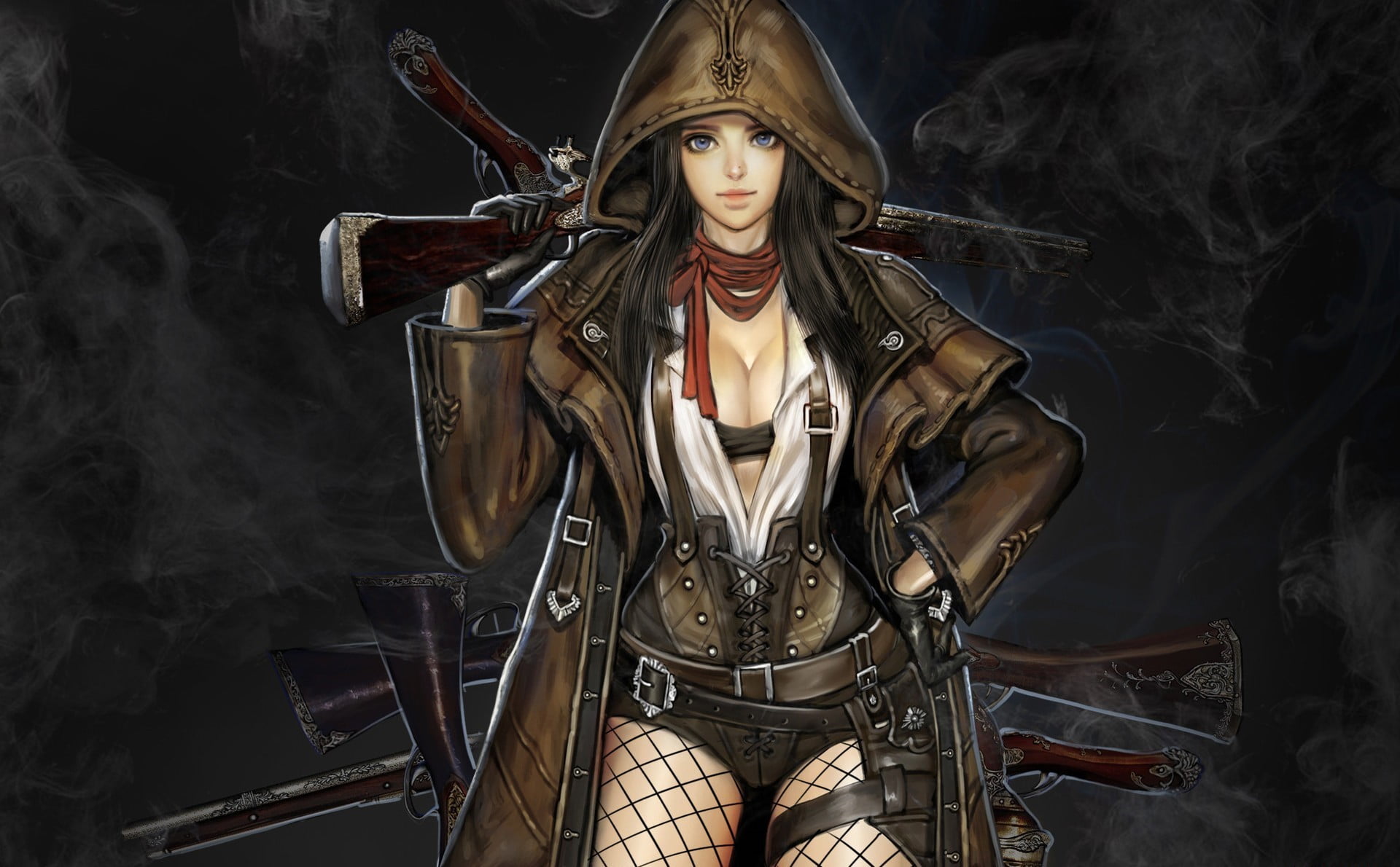 belief, creativity, clothing, hoods, fishnet stockings, 1080P, religion, spirituality, art and craft, black background, one person, anime girls, gun, place of worship, HD Wallpaper
