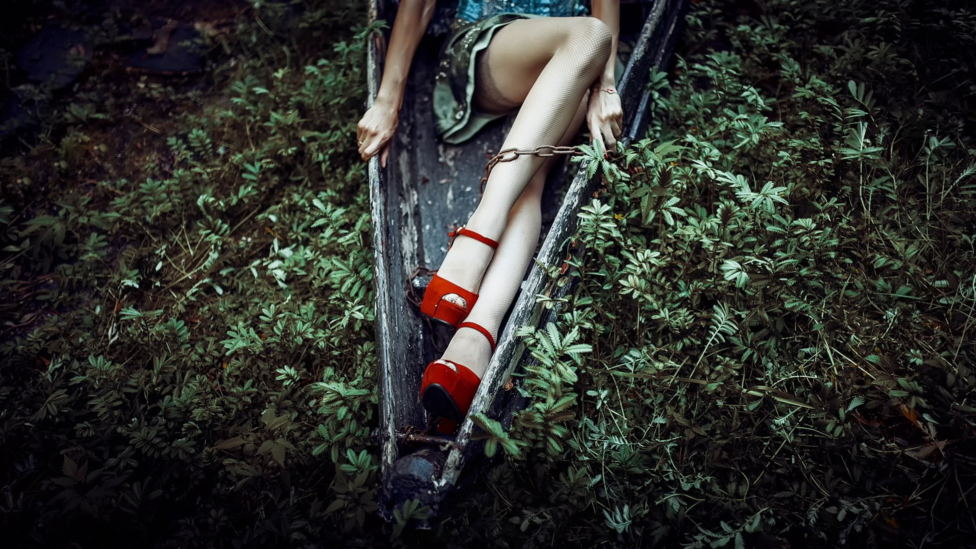 women, forest, high heels, adult, land, plant, body part, lifestyles, real people, human leg, sitting, tree, human limb, growth, human body part, red heels, HD Wallpaper