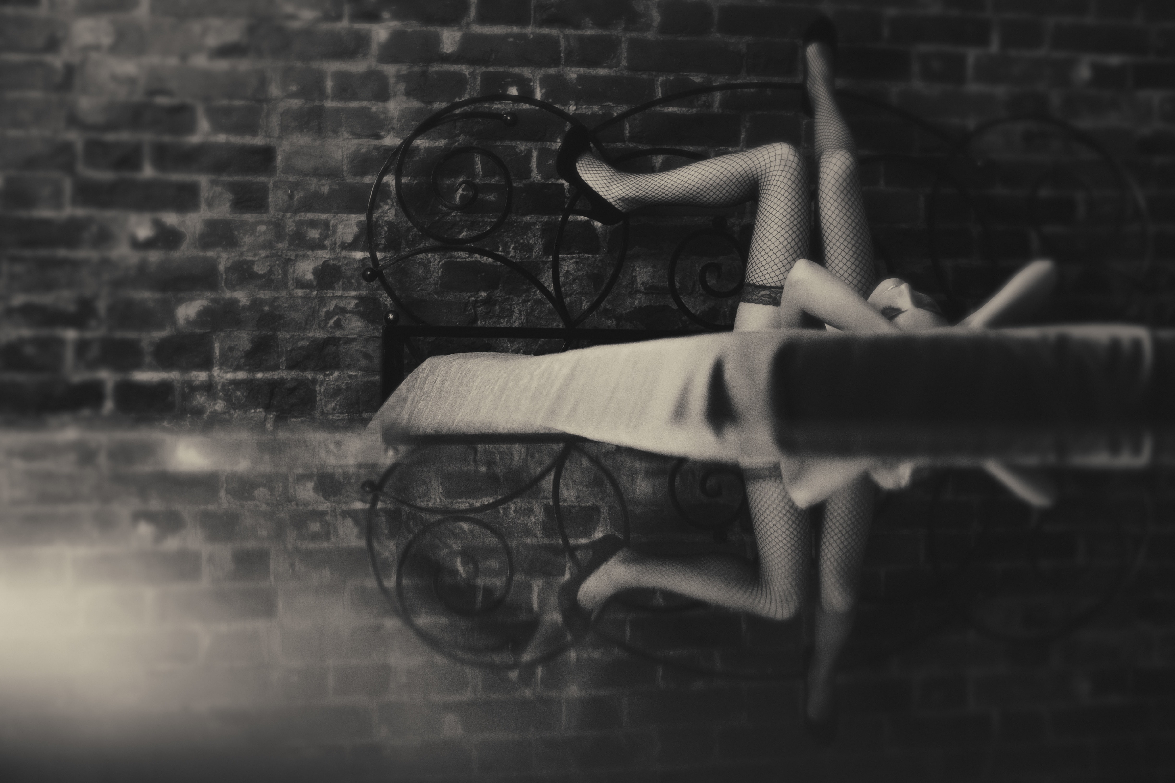 wall - building feature, lying down, legs, adult, leisure activity, real people, brick wall, relaxation, indoors, full length, fishnet stockings, furniture, HD Wallpaper