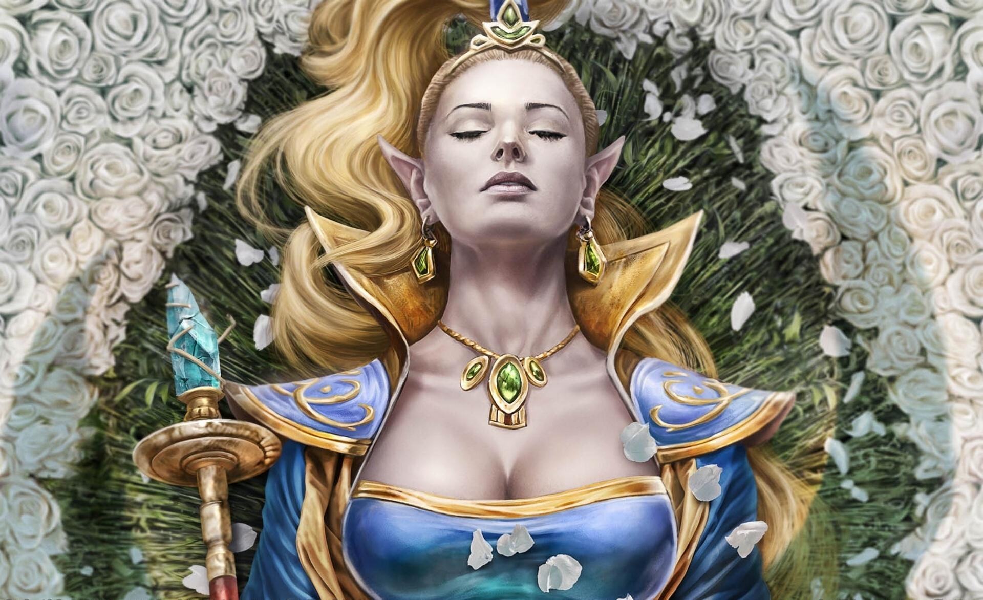 elf, female, 3d and abstract, 1080P, scepter, roses, white, HD Wallpaper