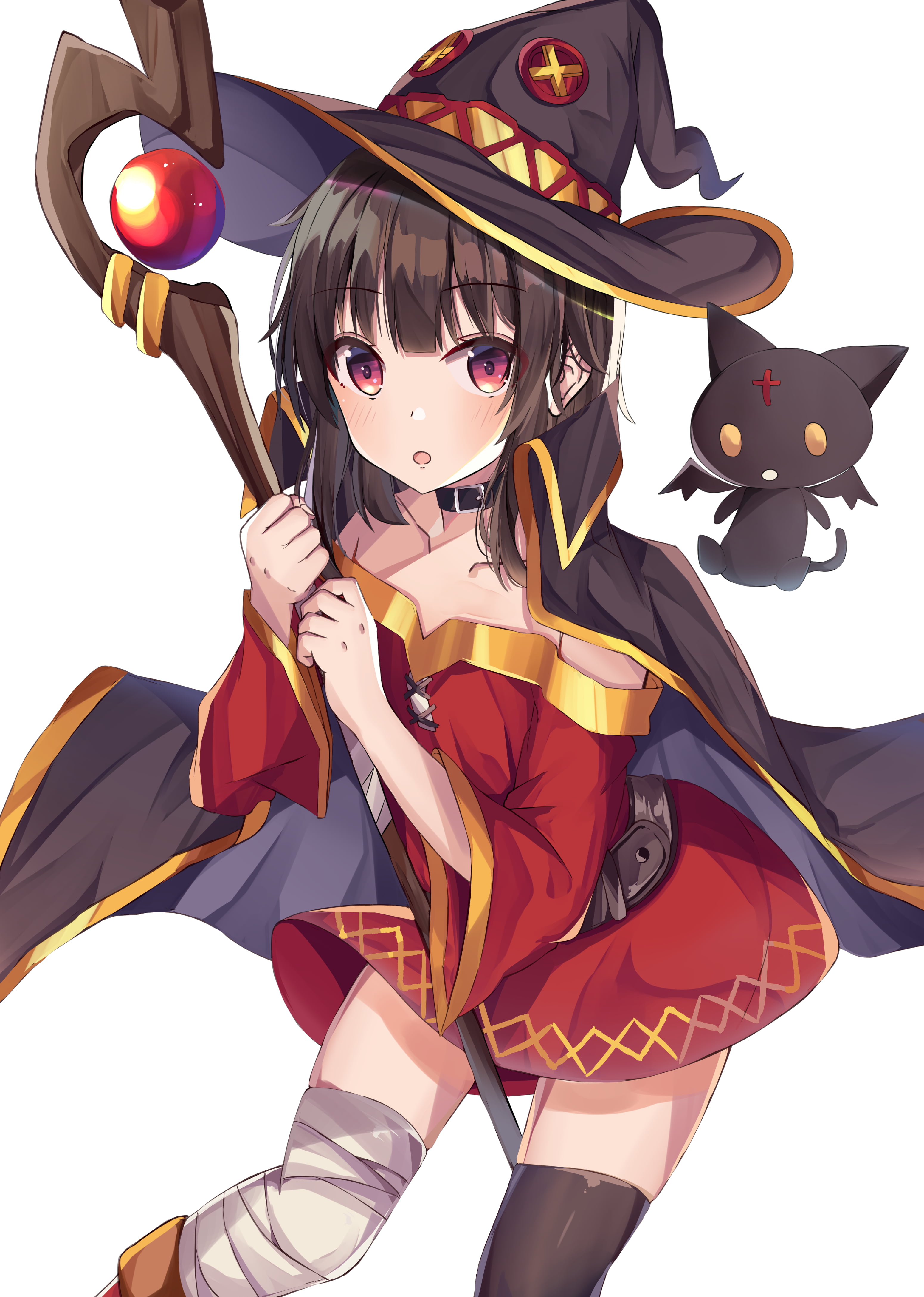 bandage, witch hat, drawing, cats, Shigurene, digital art, vertical, simple background, bangs, artwork, choker, blushing, illustration, dress, thigh-highs, Phone HD Wallpaper