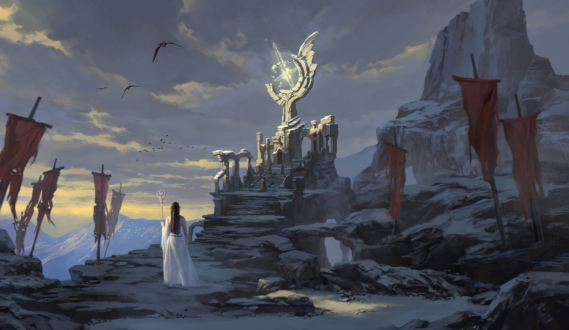 princess, pointed ears, auction, Elf, 1080P, ruins, artwork, mountains, long hair, birds, banners, fantasy, fantasy art, magic, throne, scepter, rocks, HD Wallpaper