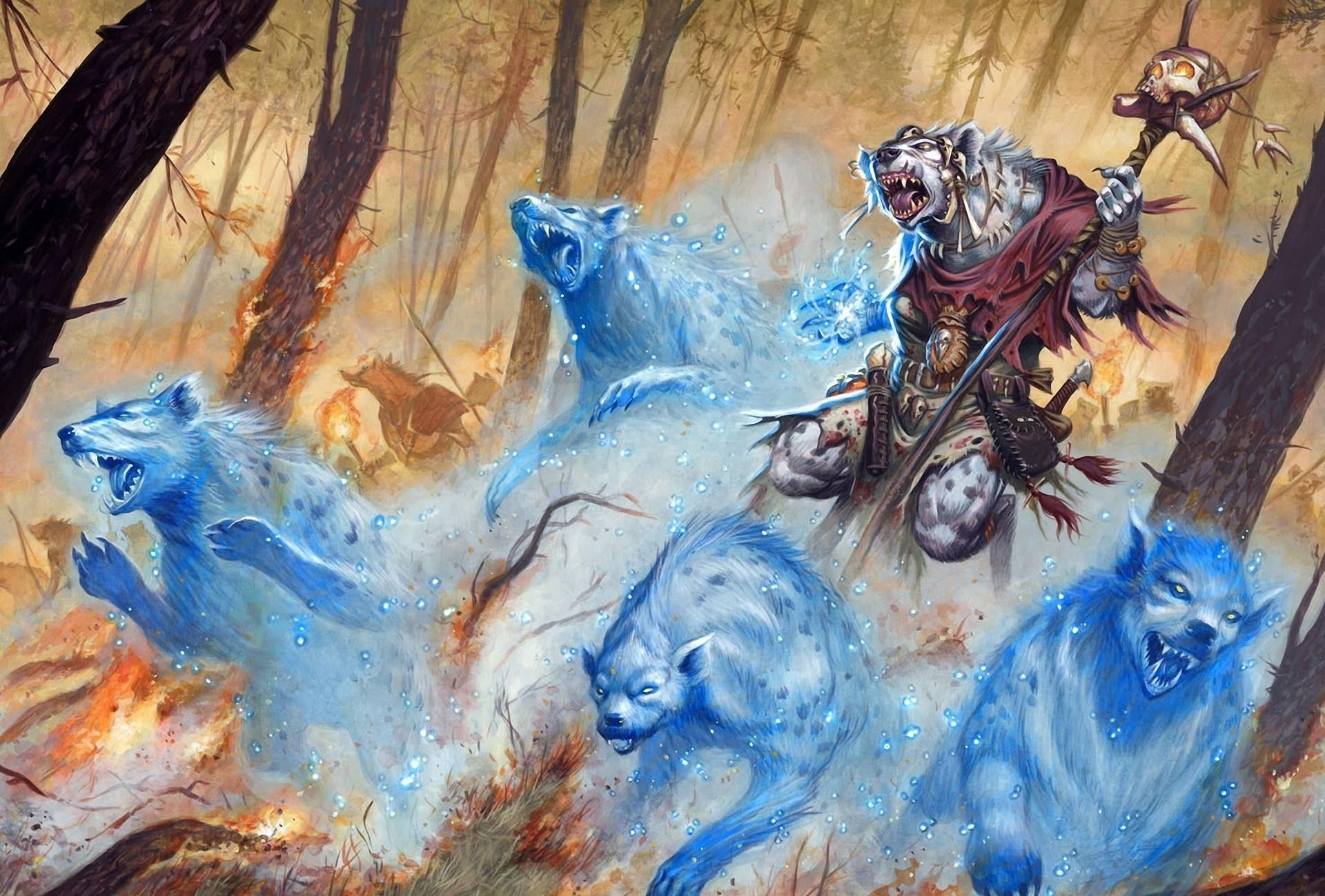 blue, 1080P, scepter, werewolves, no People, fox, painted, art, fantasy, painted Image, digital, abstract, forest, human representation, animal wildlife, HD Wallpaper