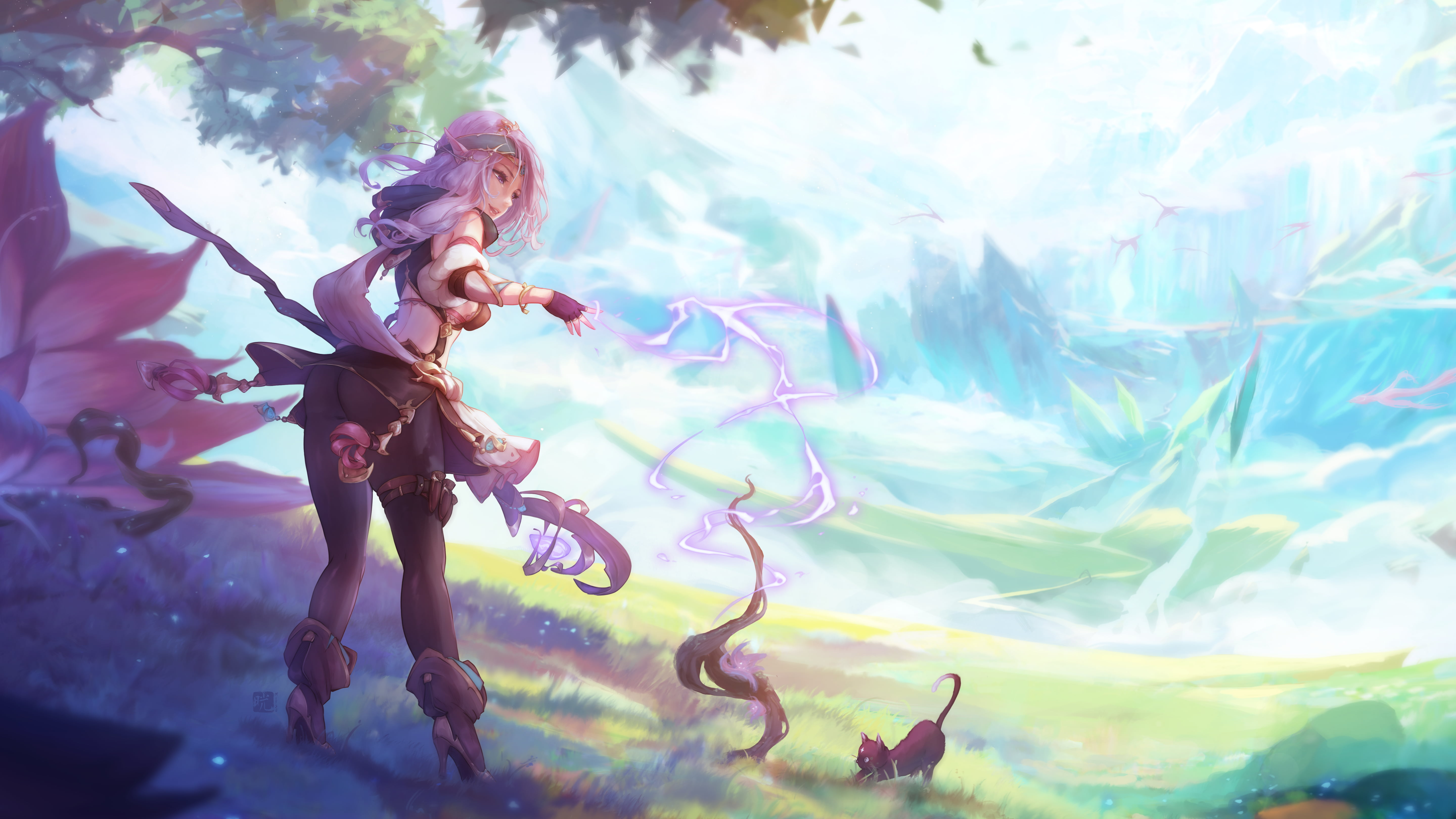 drawing, illustration, pointed ears, fantasy girl, concept art, cats, magic, original characters, artwork, 2D, elves, fantasy art, 5K, scepters, Mitsu, HD Wallpaper