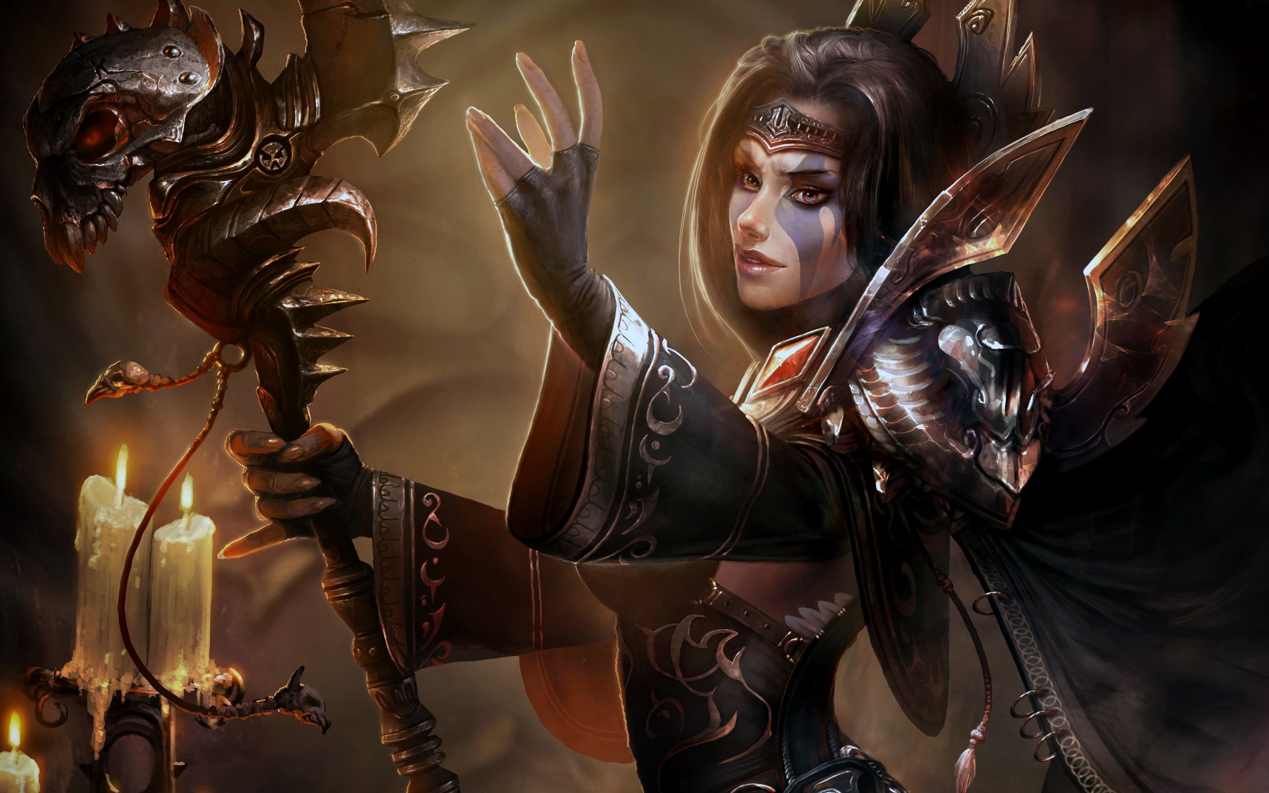 artwork, fantasy art, cape, Magician, scepter, 2K, sake, armor, magic, tattoo, candles, illustration, girl, digital art, HD Wallpaper