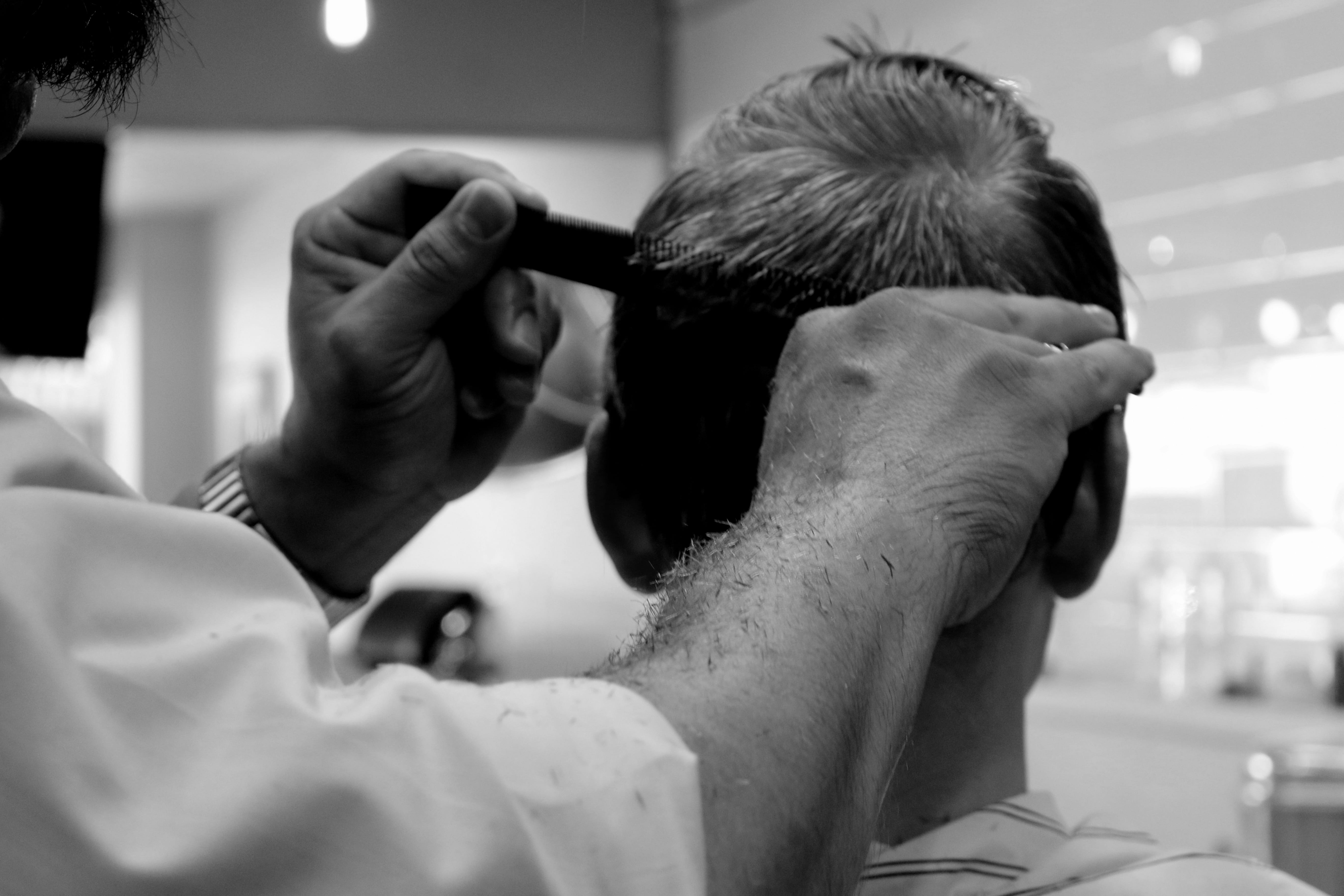 men, 5K, cut, two people, barber, grooming, indoors, selective focus, human body part, scissors, hairstyling, photography, people, human hair, black and white, HD Wallpaper
